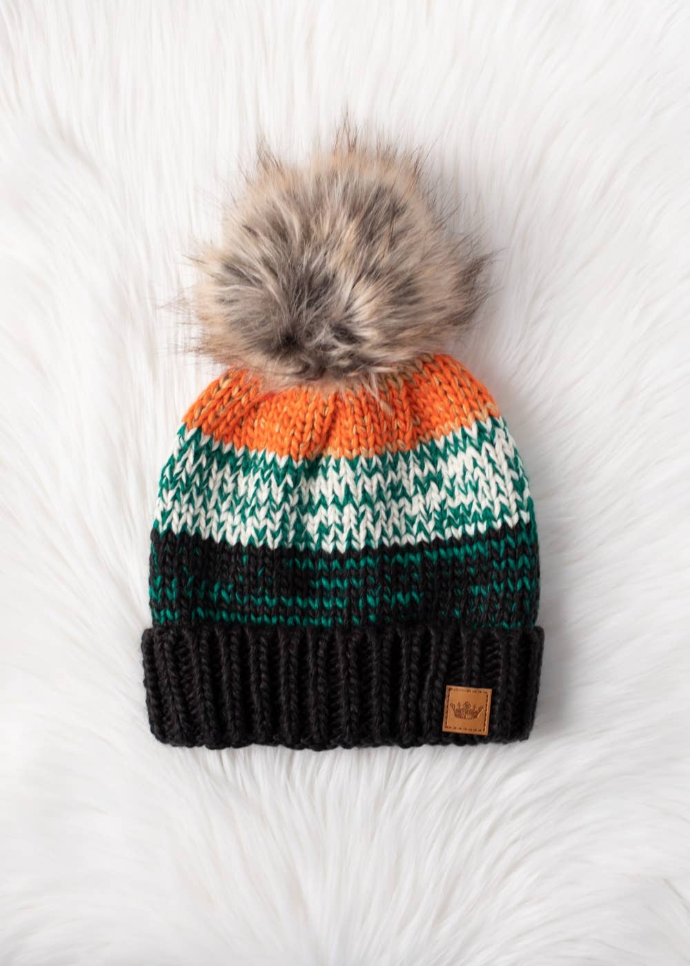 Panache Apparel Co. - Black, Green & Orange Patterned Pom Hat