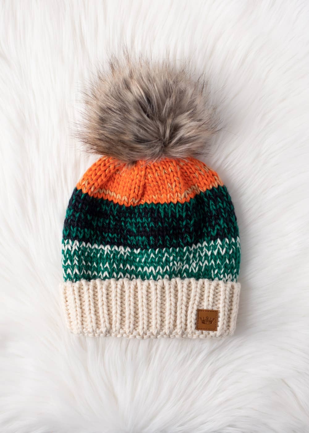 Panache Apparel Co. - White, Green & Orange Patterned Pom Hat