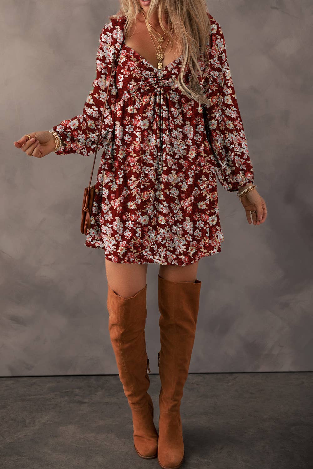 BOHO Floral Sweetheart Neck Mini Dress