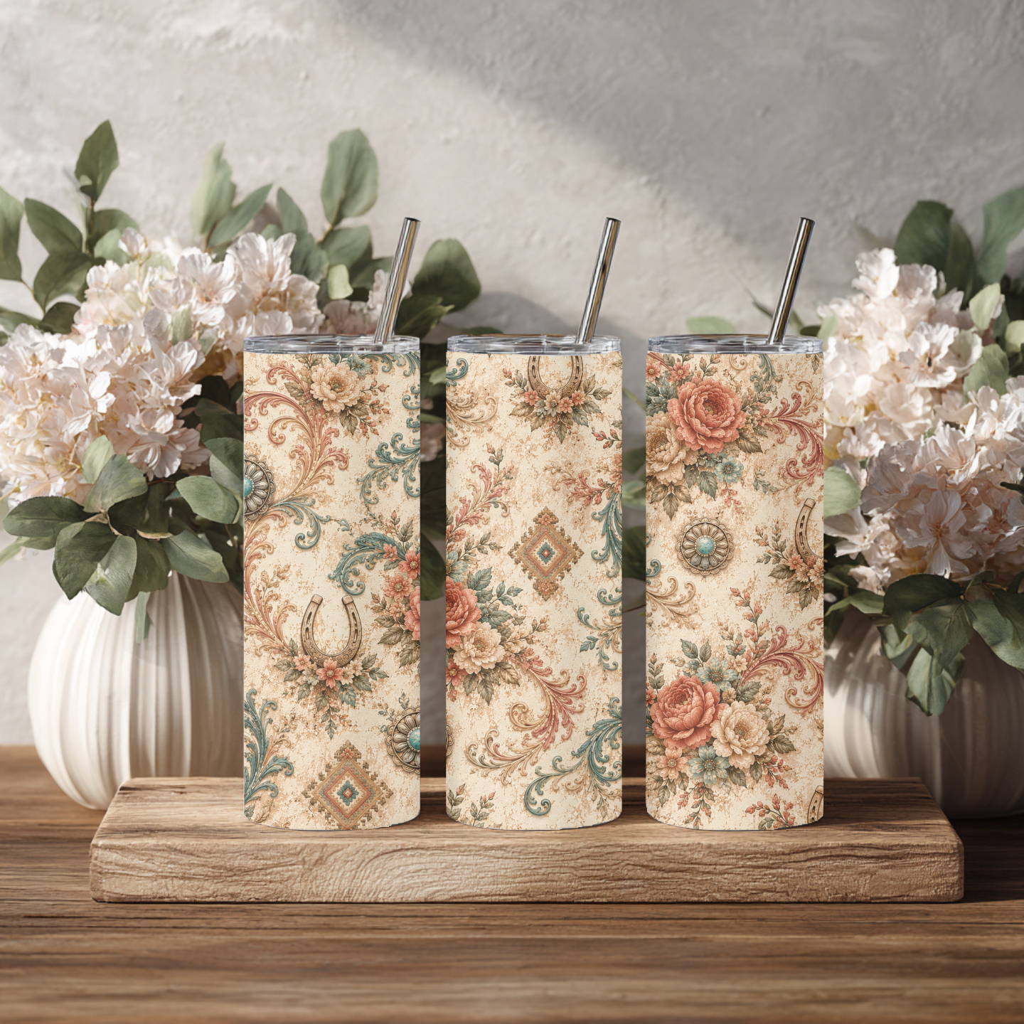 Vintage Western Floral 20 oz Skinny Tumbler | Turquoise Concho & Horseshoe Tumbler | Rustic Cowgirl Coffee Cup | Country Gift for Her