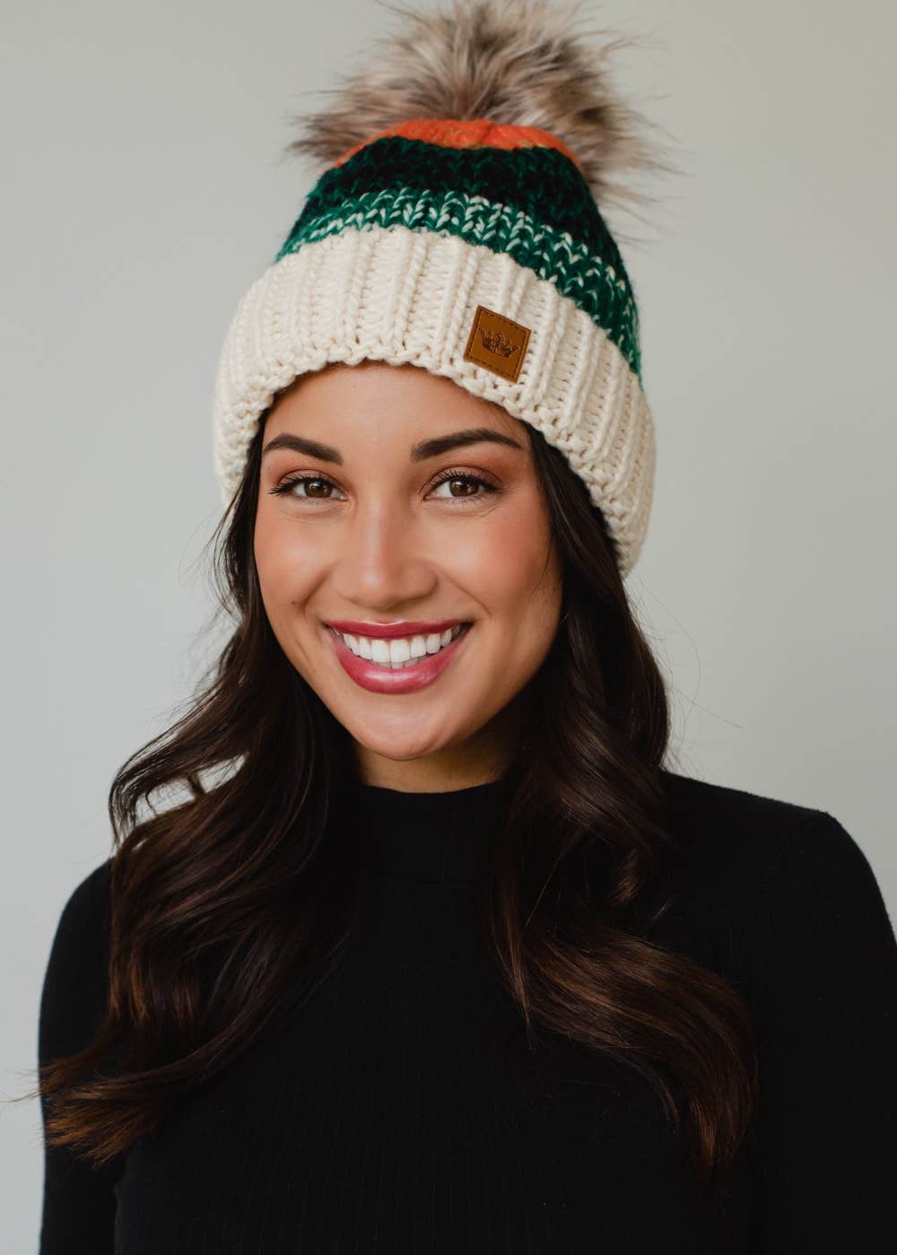 Panache Apparel Co. - White, Green & Orange Patterned Pom Hat