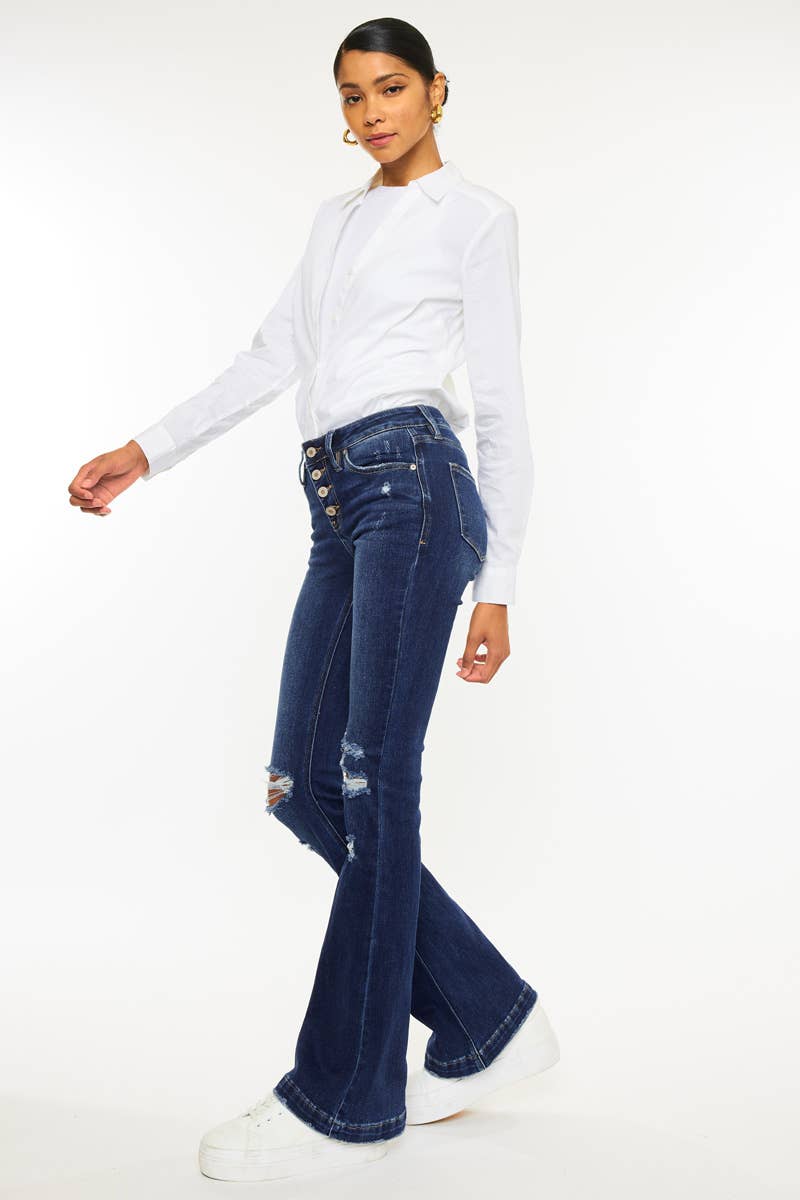 Women's KanCan Mid Rise Button Up Distress Flare Jeans