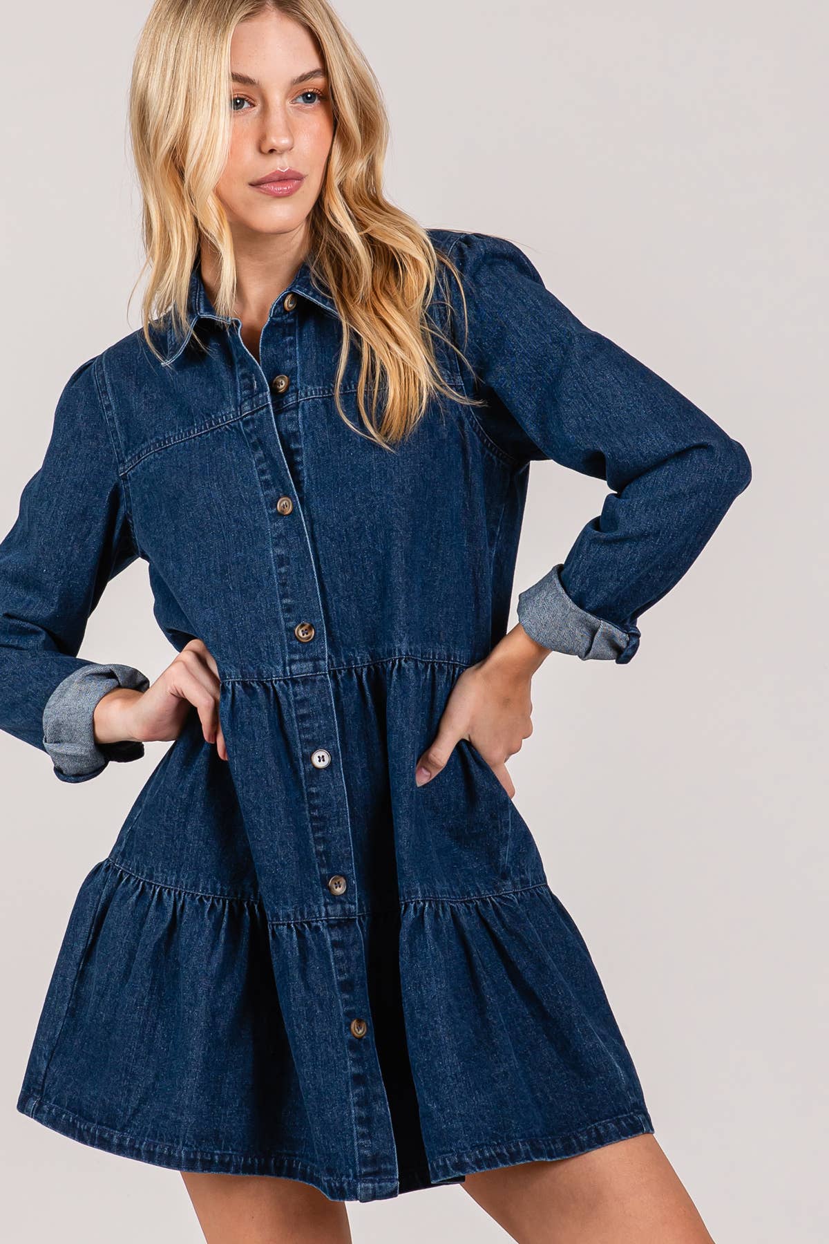 Button down Babydoll Ruffle Denim Dress