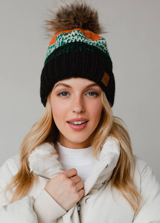 Panache Apparel Co. - Black, Green & Orange Patterned Pom Hat