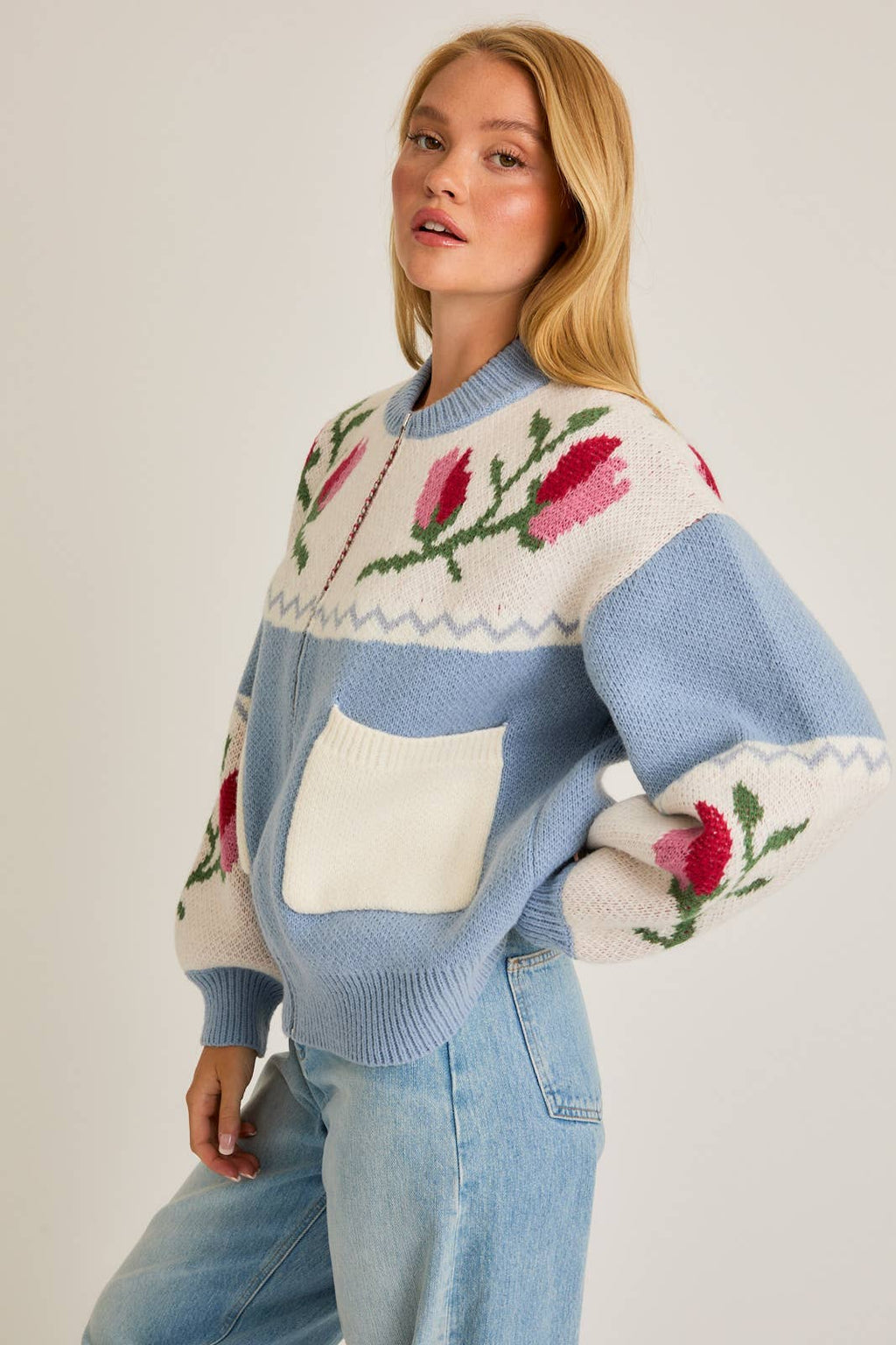 Long Sleeve Floral Pattern Detail Sweater Jacket