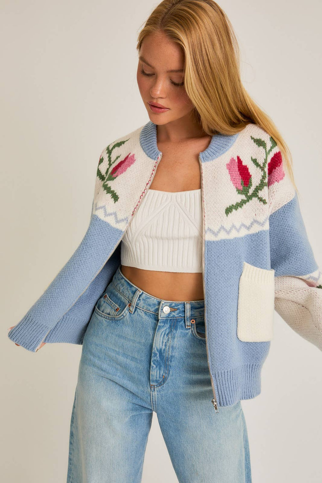 Long Sleeve Floral Pattern Detail Sweater Jacket