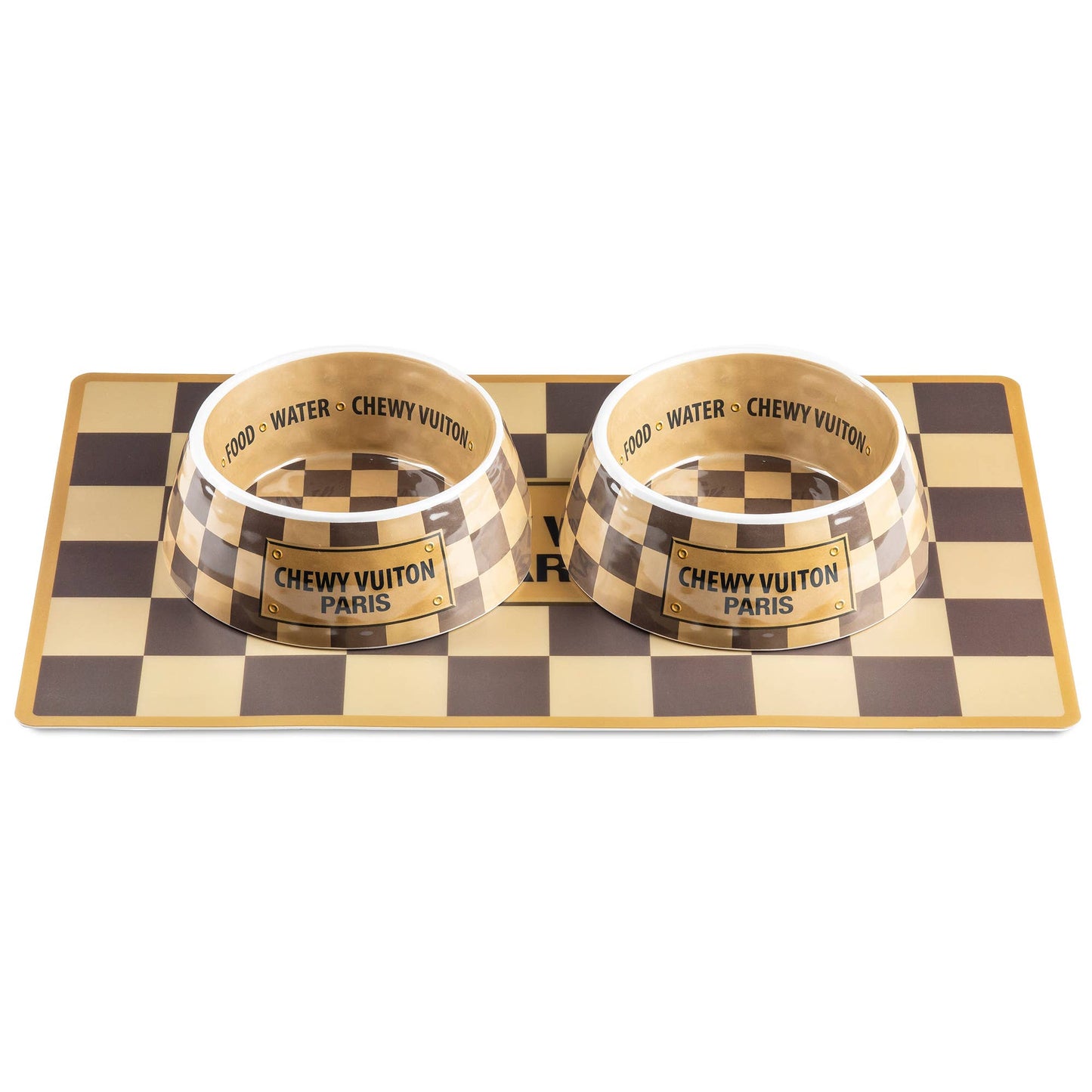 Checker Chewy Vuiton Bowls & Placemat Set Dog Food Bowl