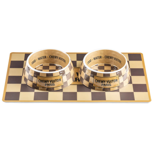 Checker Chewy Vuiton Bowls & Placemat Set Dog Food Bowl