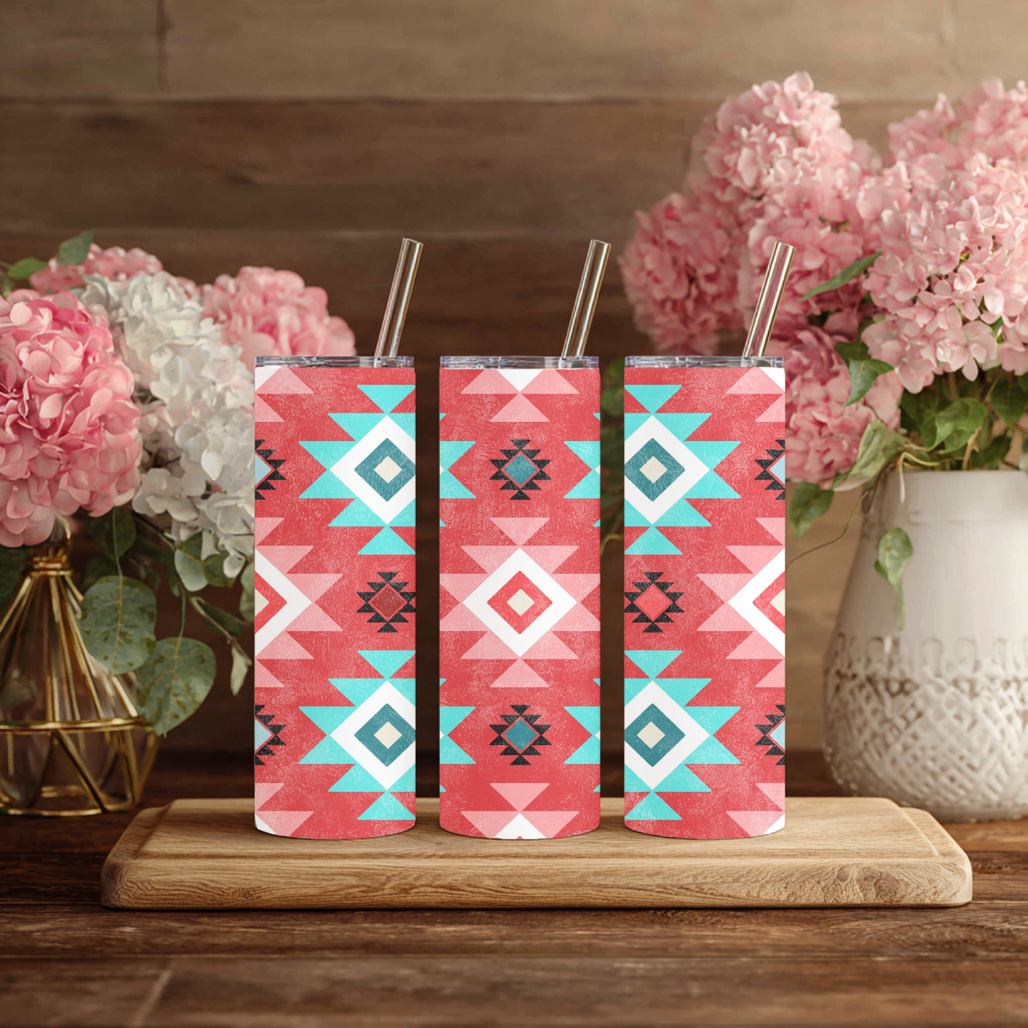 Coral Southwest Tumbler | Coral & Turquoise Aztec 20 oz Skinny Tumbler | Western Travel Mug | Southwestern Cup | Cowgirl Gift | Boho Drinkware