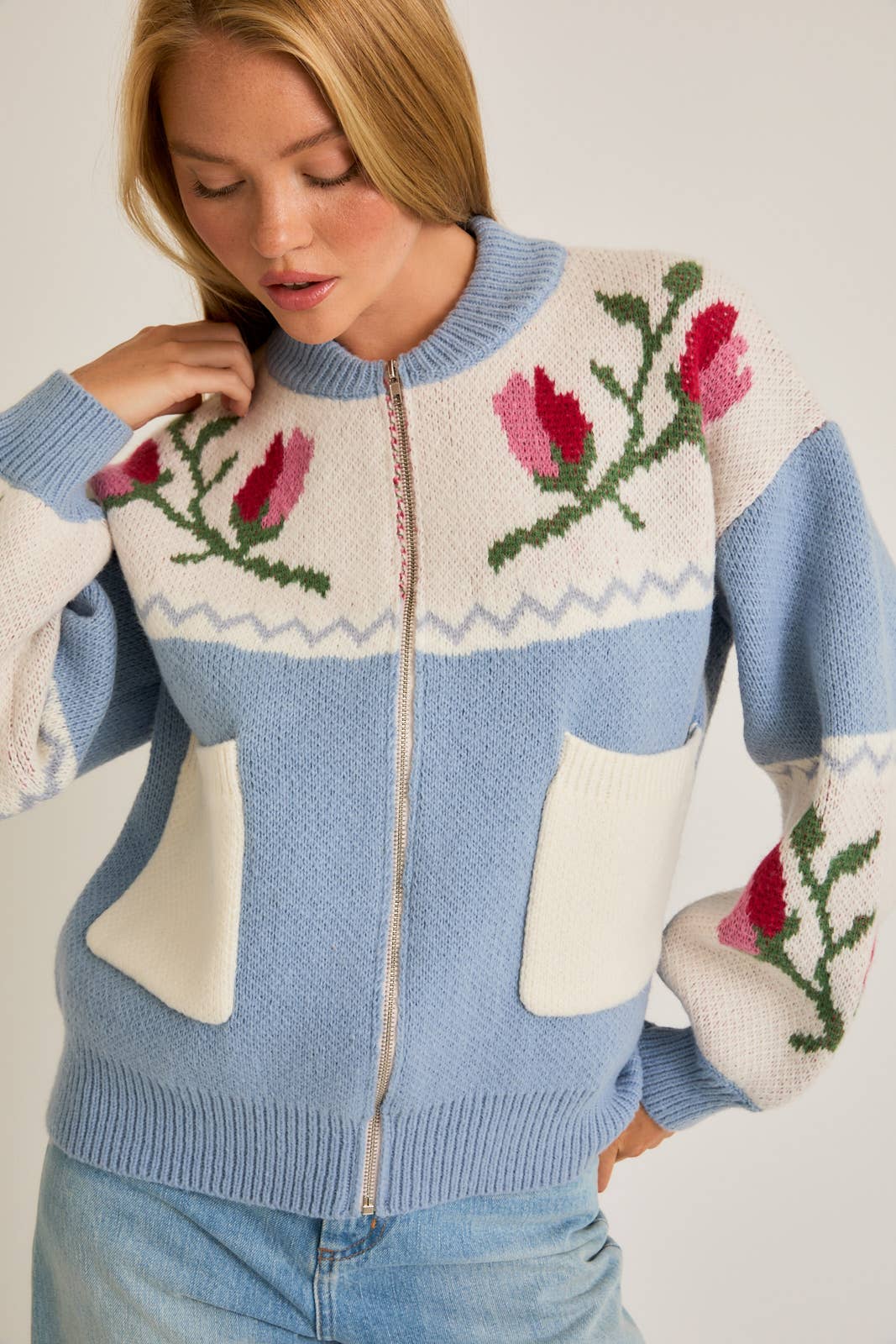 Long Sleeve Floral Pattern Detail Sweater Jacket