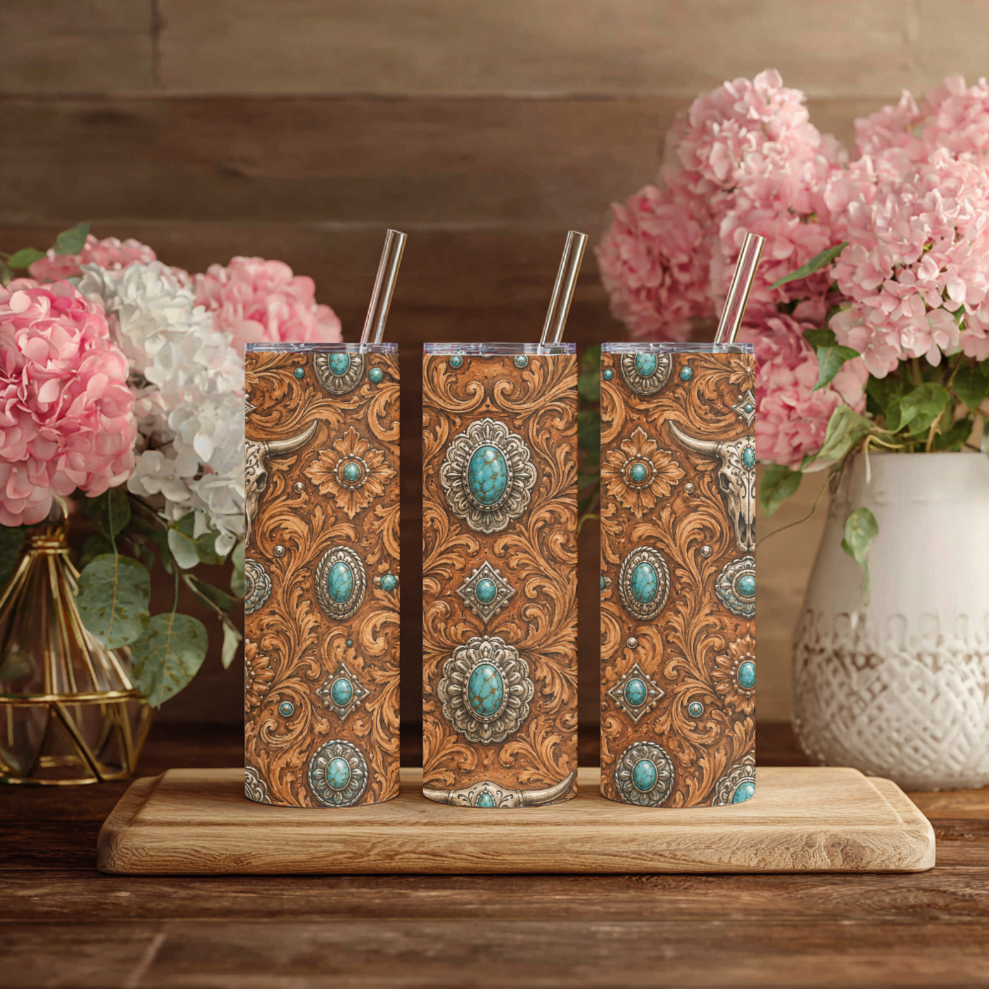 Rustic Western Tooled Leather Tumbler | Turquoise Concho Coffee Cup | 20 oz Skinny Tumbler | Cowgirl Gift for Her