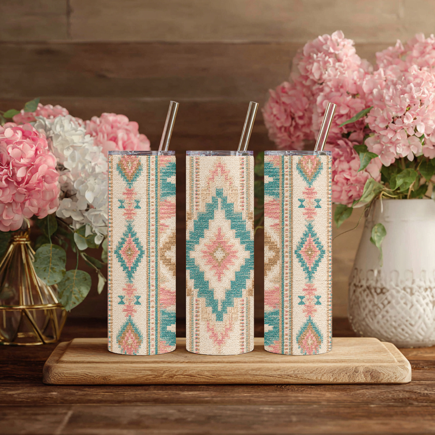 Pastel Pink & Blue Aztec 20 oz Skinny Tumbler | Southwestern Western Tumbler | Boho Tribal Coffee Cup | Rustic Cowgirl Gift | Desert Travel Mug
