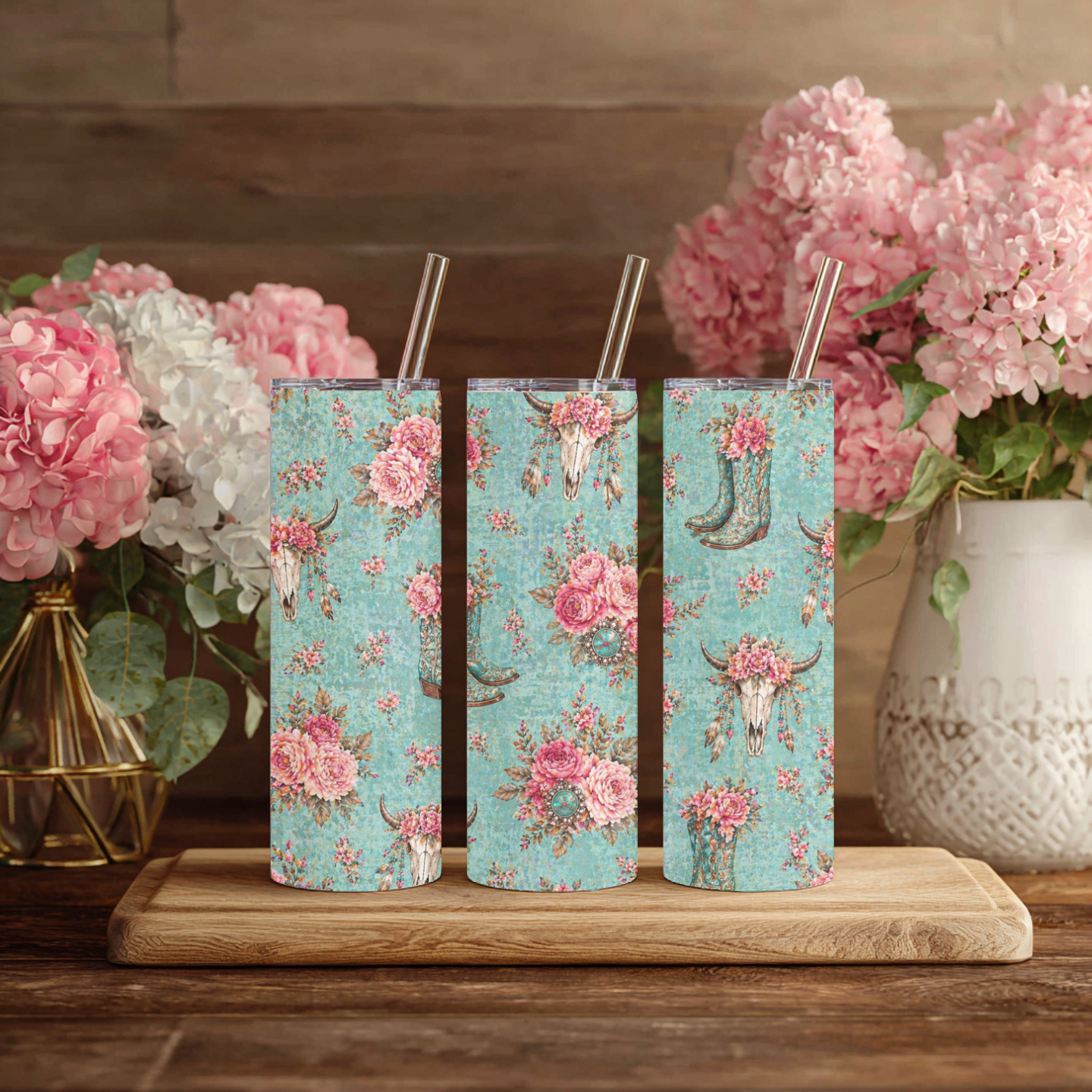 Turquoise Floral 20 oz Skinny Tumbler | Western Cowgirl Tumbler | Boho Longhorn & Cowboy Boots Cup | Rustic Gift for Her