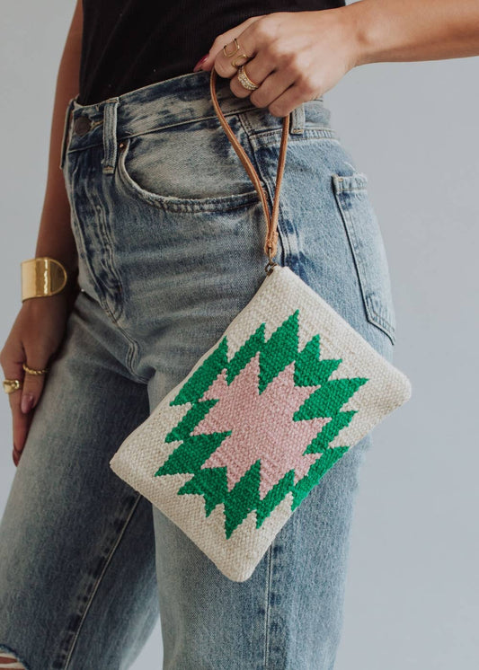 Panache Apparel Co. - Beige, Green & Pink Aztec Wristlet