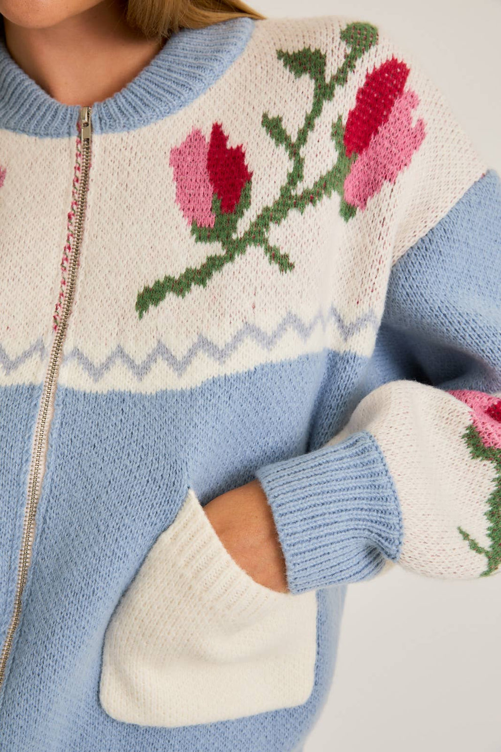 Long Sleeve Floral Pattern Detail Sweater Jacket