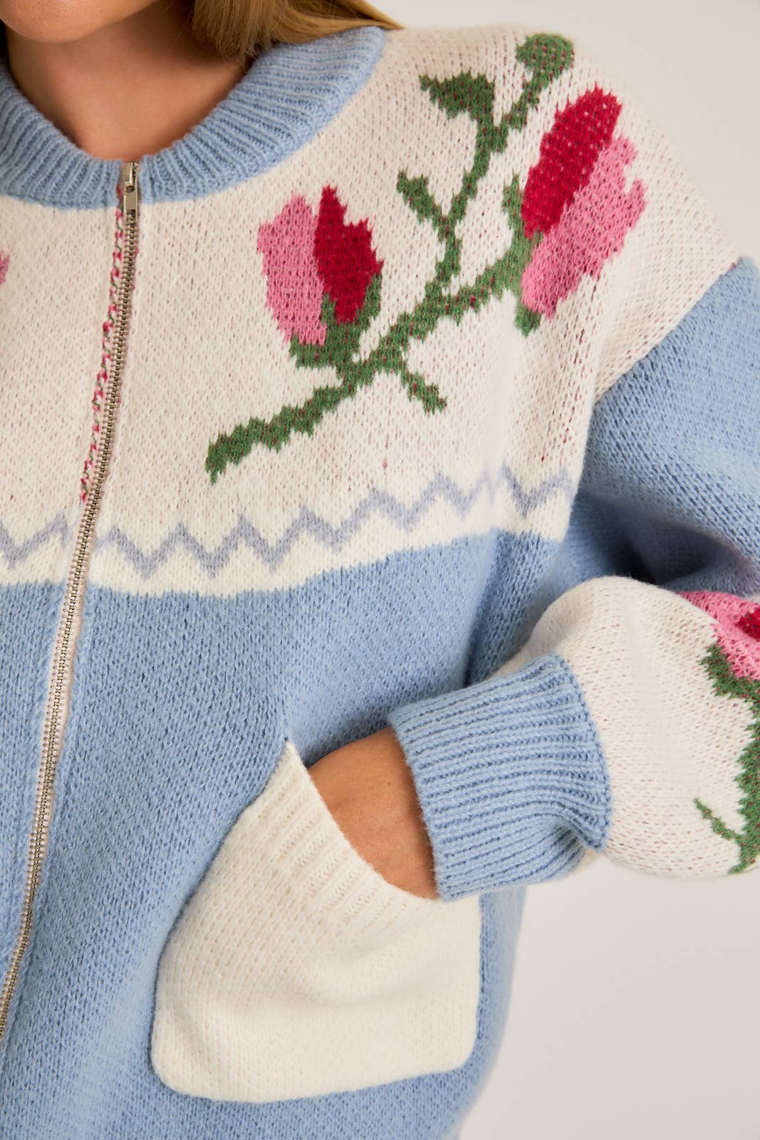 Long Sleeve Floral Pattern Detail Sweater Jacket