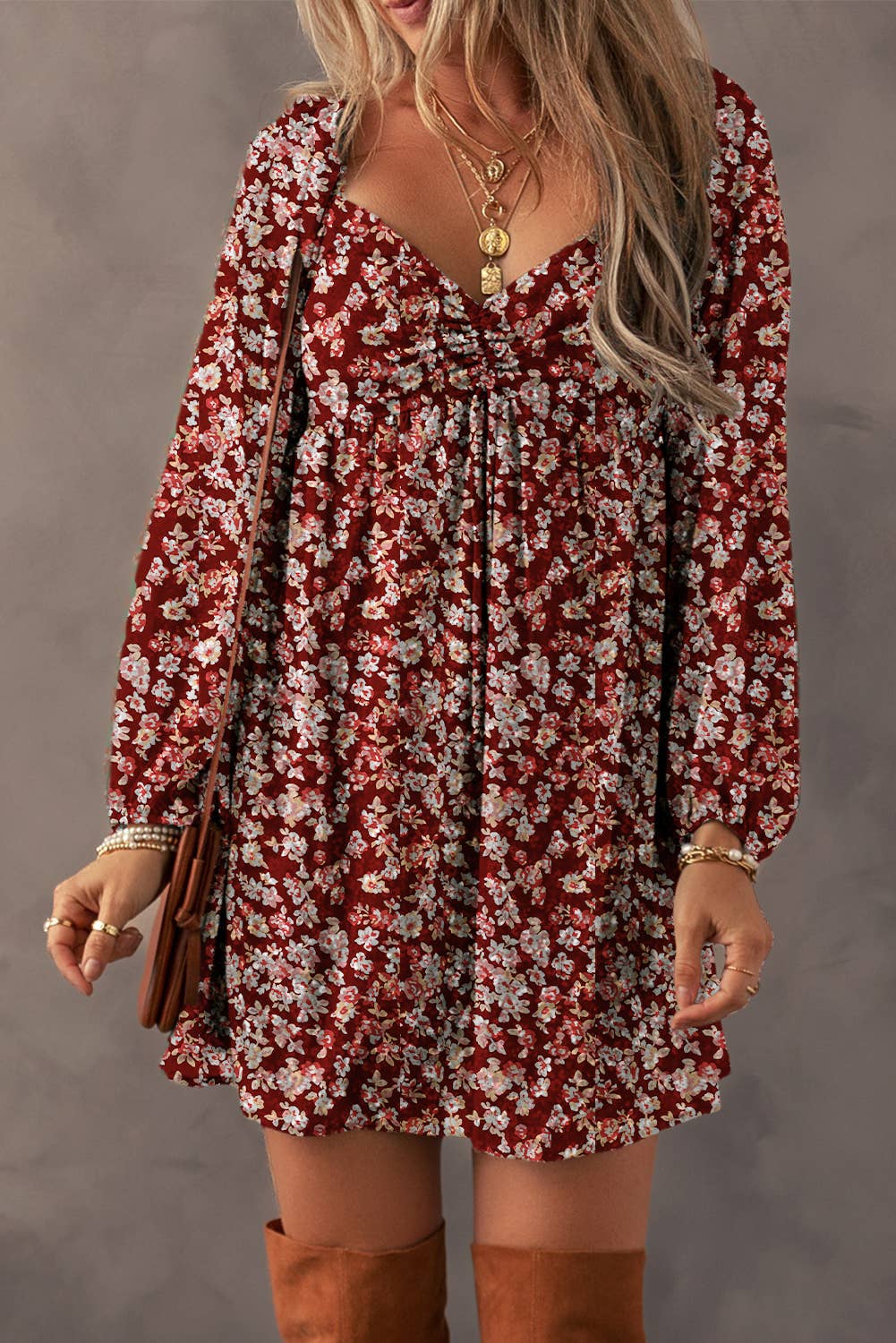 BOHO Floral Sweetheart Neck Mini Dress
