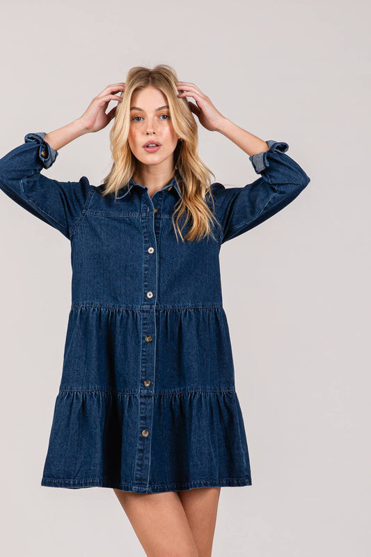 Button down Babydoll Ruffle Denim Dress