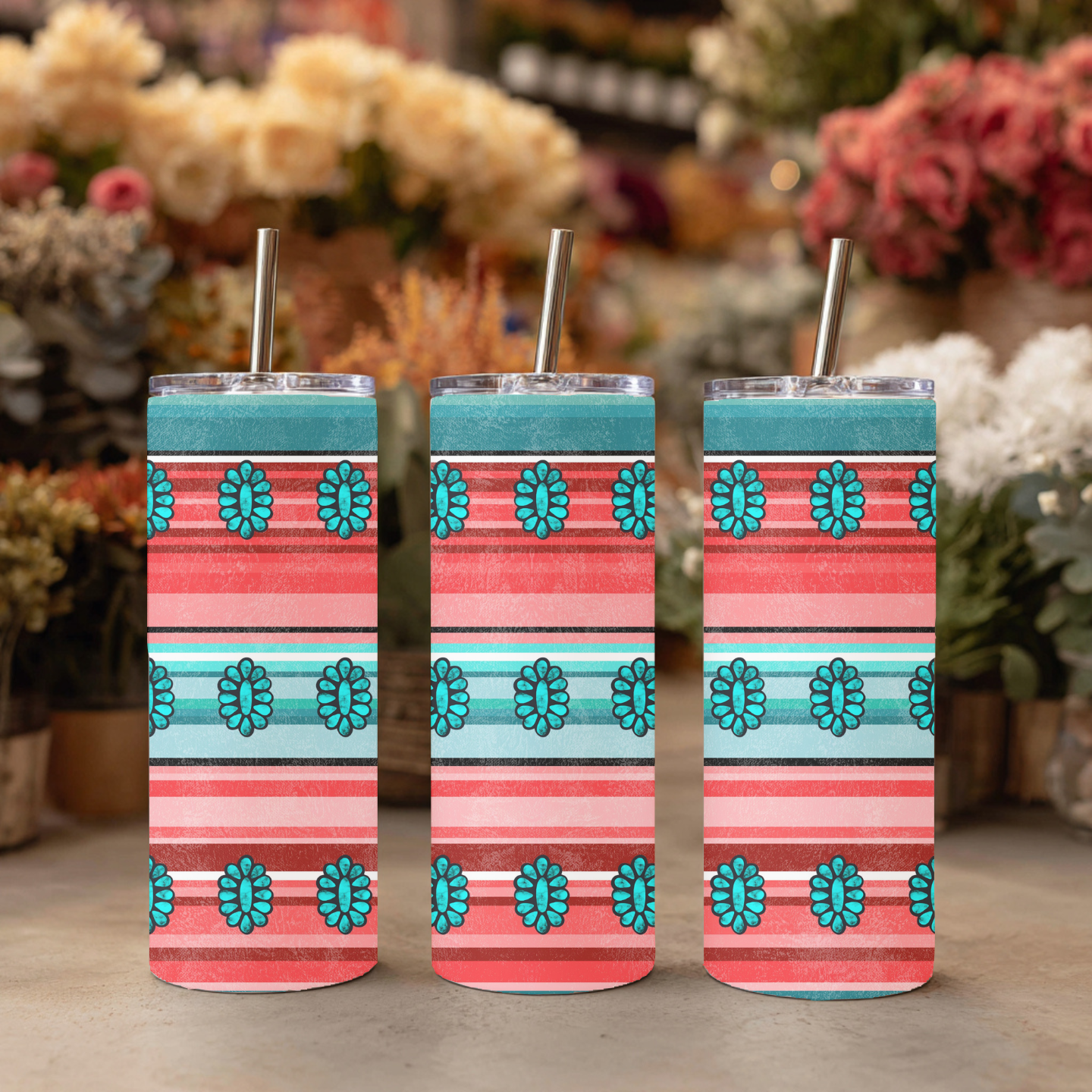 Horizontal Striped Cowgirl Tumbler | Coral & Turquoise Serape Skinny Tumbler | Western Drinkware