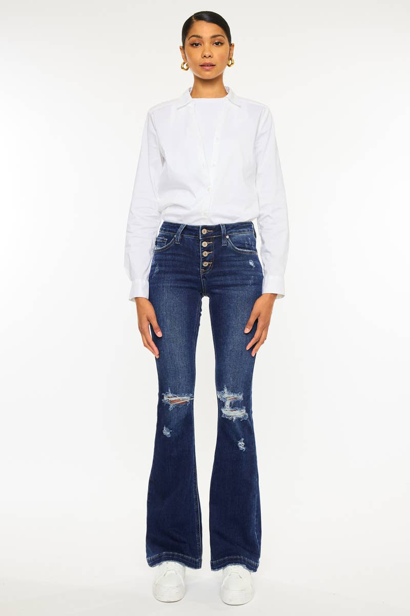 Women's KanCan Mid Rise Button Up Distress Flare Jeans
