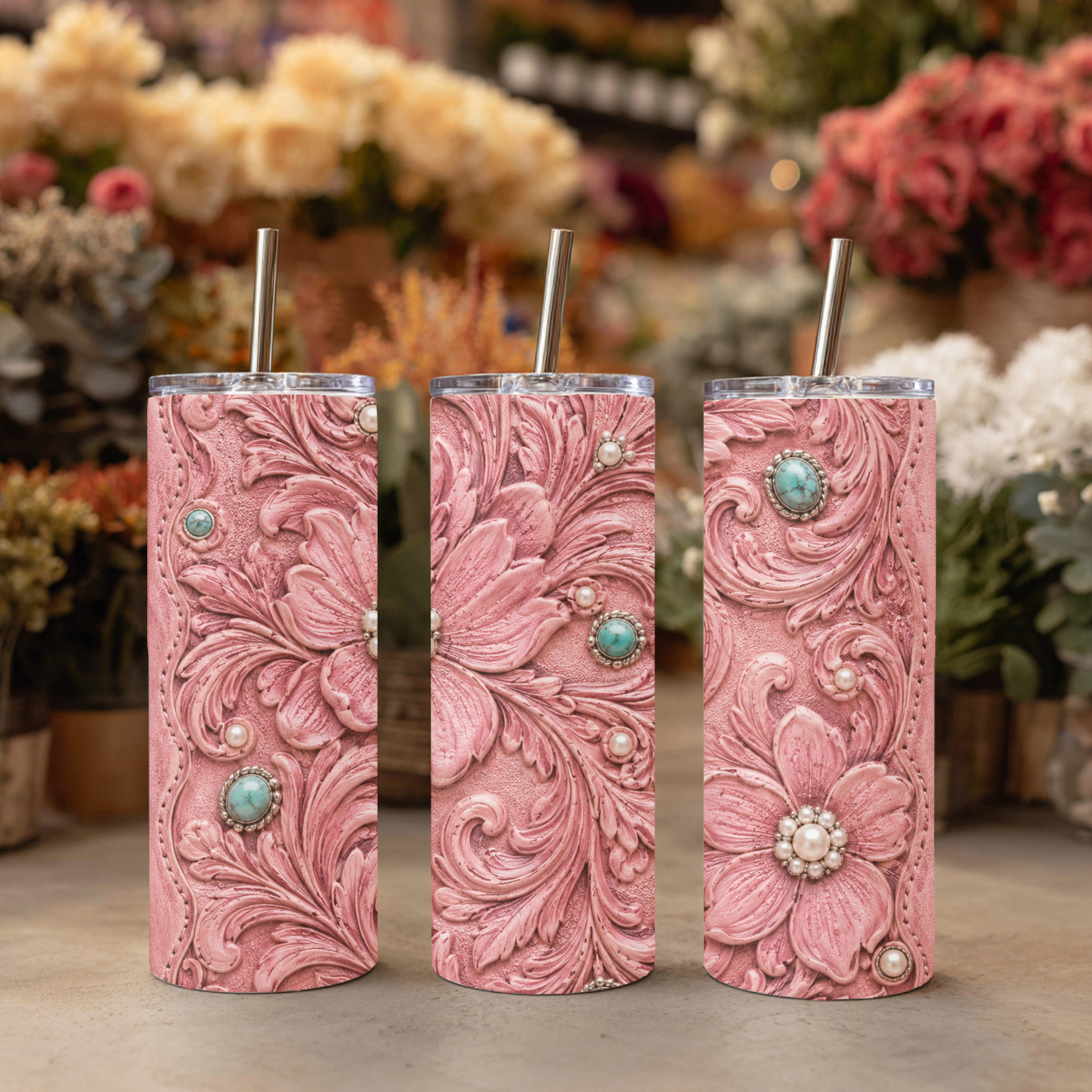 Pink Concho Tooled Floral 20 oz Skinny Tumbler | Western Cowgirl Travel Mug | Turquoise & Pearl Coffee Cup | Rustic Country Gift for Her