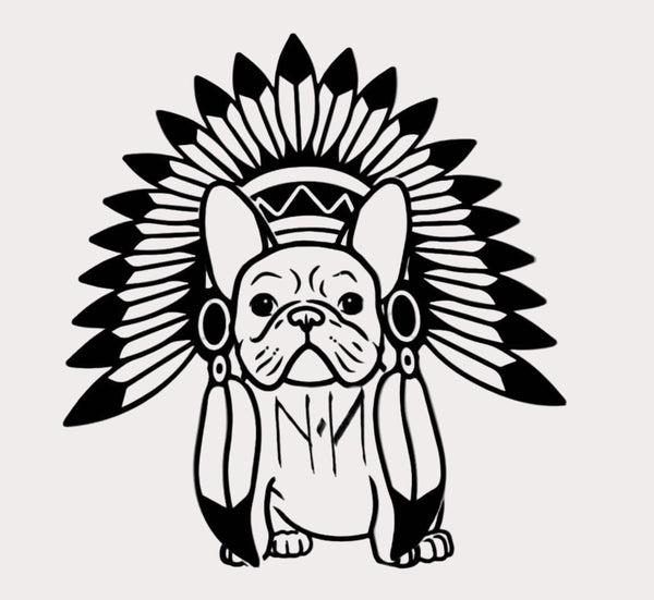 Black and white illustration of a dog wearing an Indian headdress on a white background