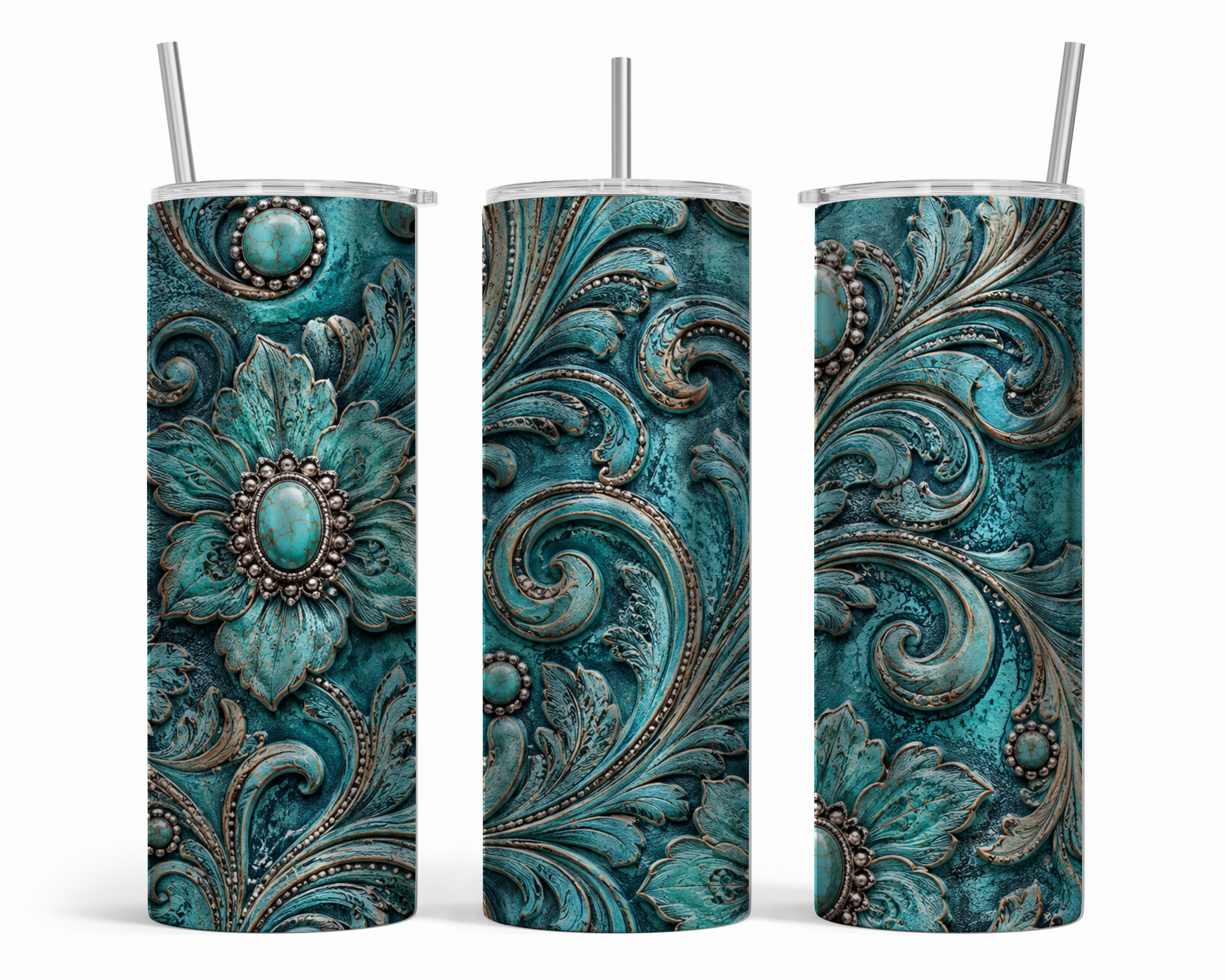 Turquoise Floral Tooled 20 oz Skinny Tumbler | Western Turquoise Concho Tumbler | Cowgirl Coffee Cup | Rustic Floral Stainless Steel Gift