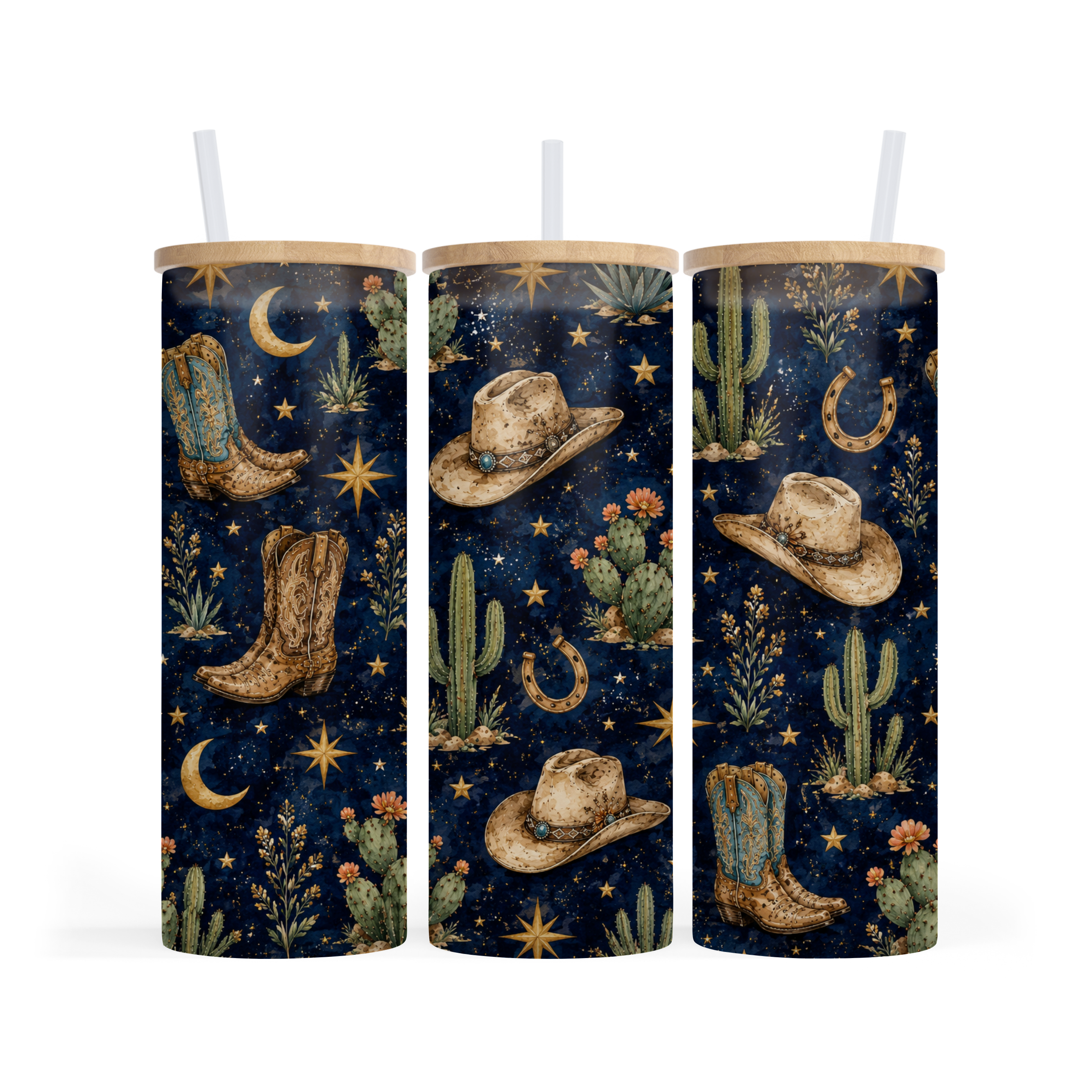 Midnight Desert Cowgirl 20 oz Skinny Tumbler | Western Night Sky Tumbler | Cowboy Hat & Boots Cup | Cactus Moon Travel Mug | Country Gift for Her