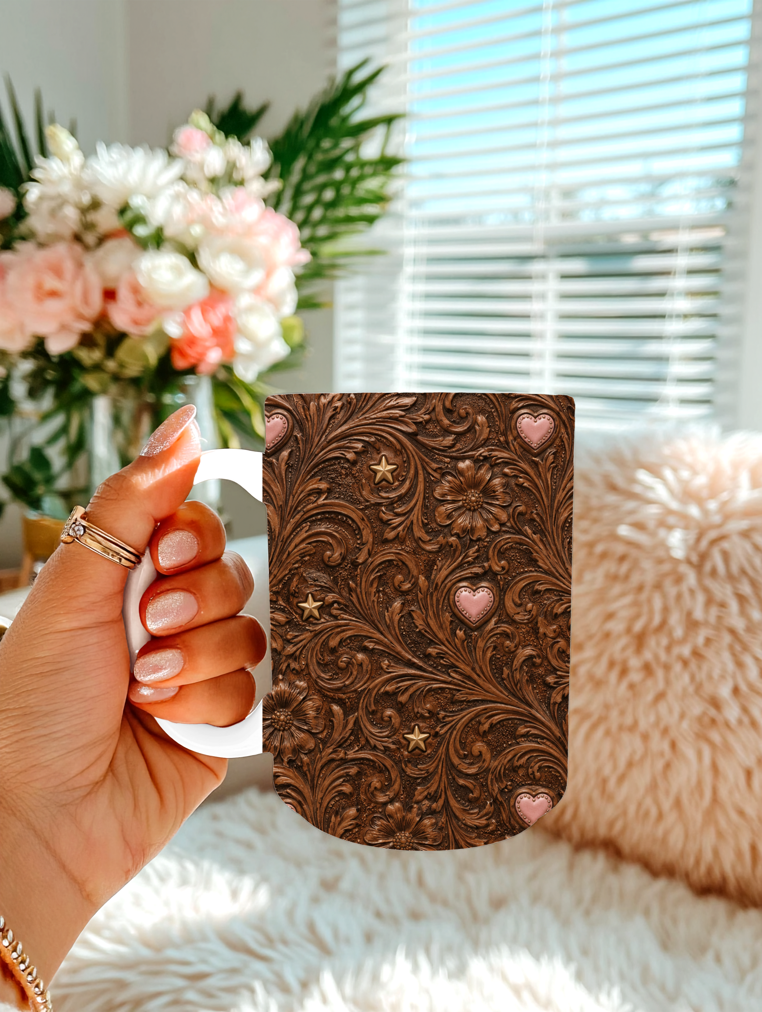 Brown Tooled Leather 15 oz Coffee Mug | Western Floral Ceramic Mug | Rustic Cowgirl Coffee Cup | Pink Heart Mug | Country Gift for Her