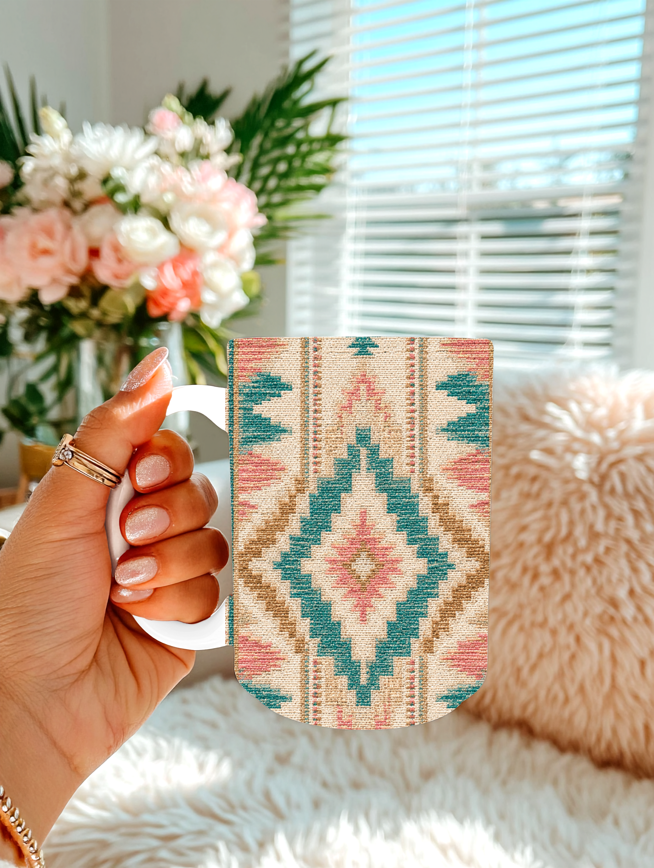 Pastel Aztec 15 oz Coffee Mug | Teal & Pink Southwestern Mug | Boho Western Ceramic Coffee Cup | Native-Inspired Gift for Her