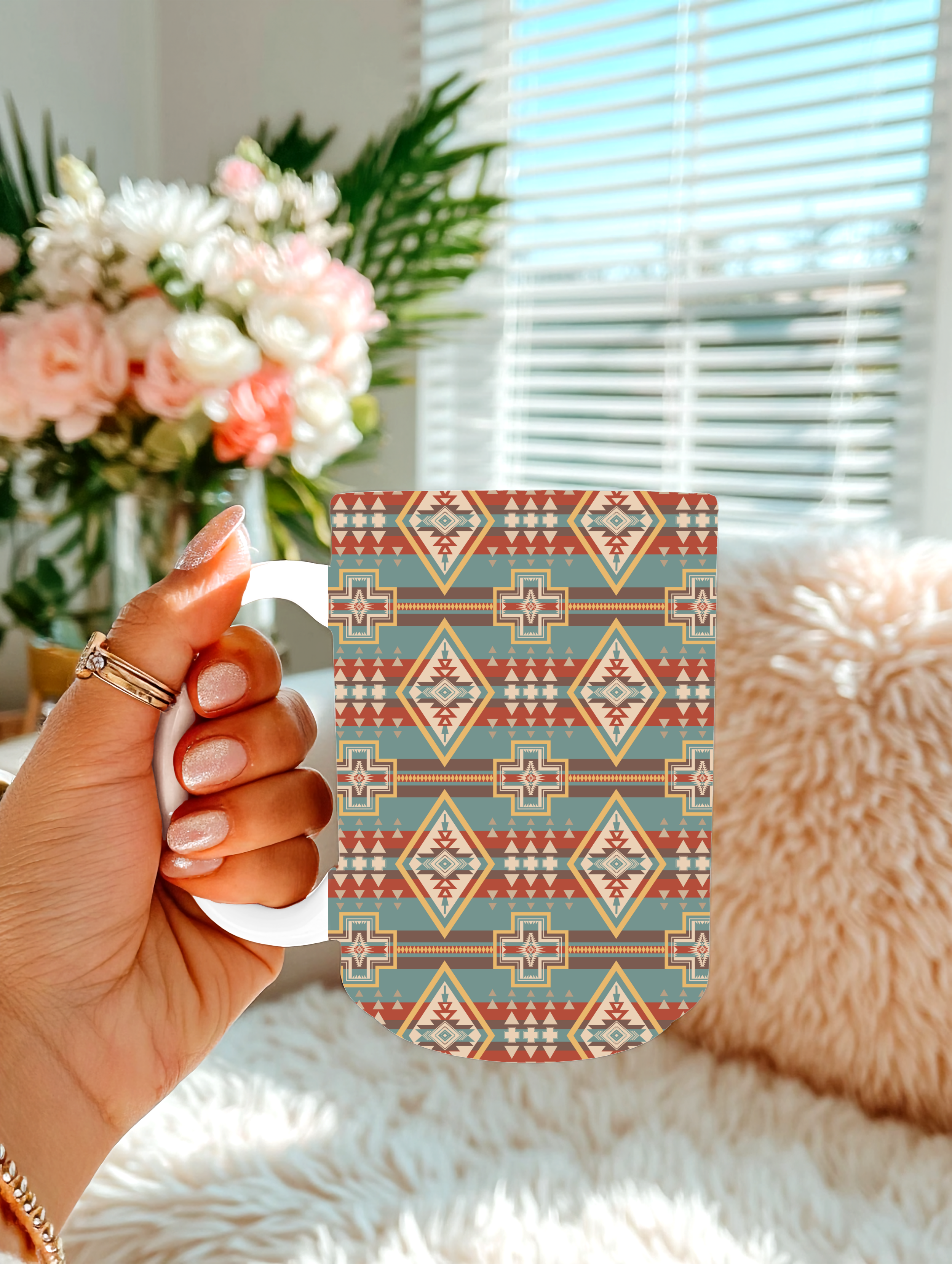 Southwest Aztec Pattern 15 oz Coffee Mug | Rustic Western Ceramic Mug | Boho Tribal Coffee Cup | Southwestern Kitchen Gift | Desert Style Mug