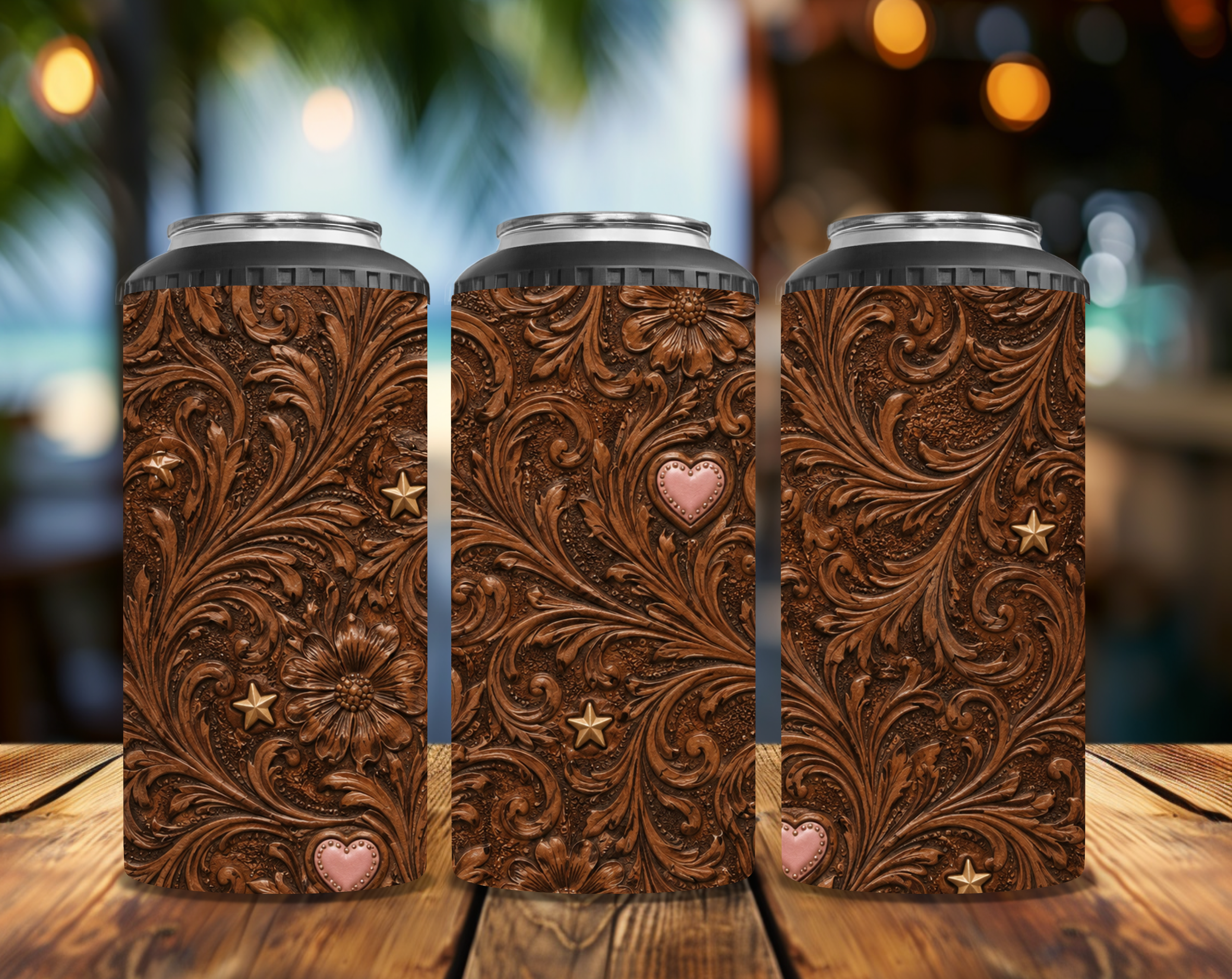 Brown Tooled Floral 4-in-1 Can Cooler | Western Rhinestone Can Cooler | Cowgirl Drink Holder | Converts to 14 oz Tumbler | Country Gift for Her