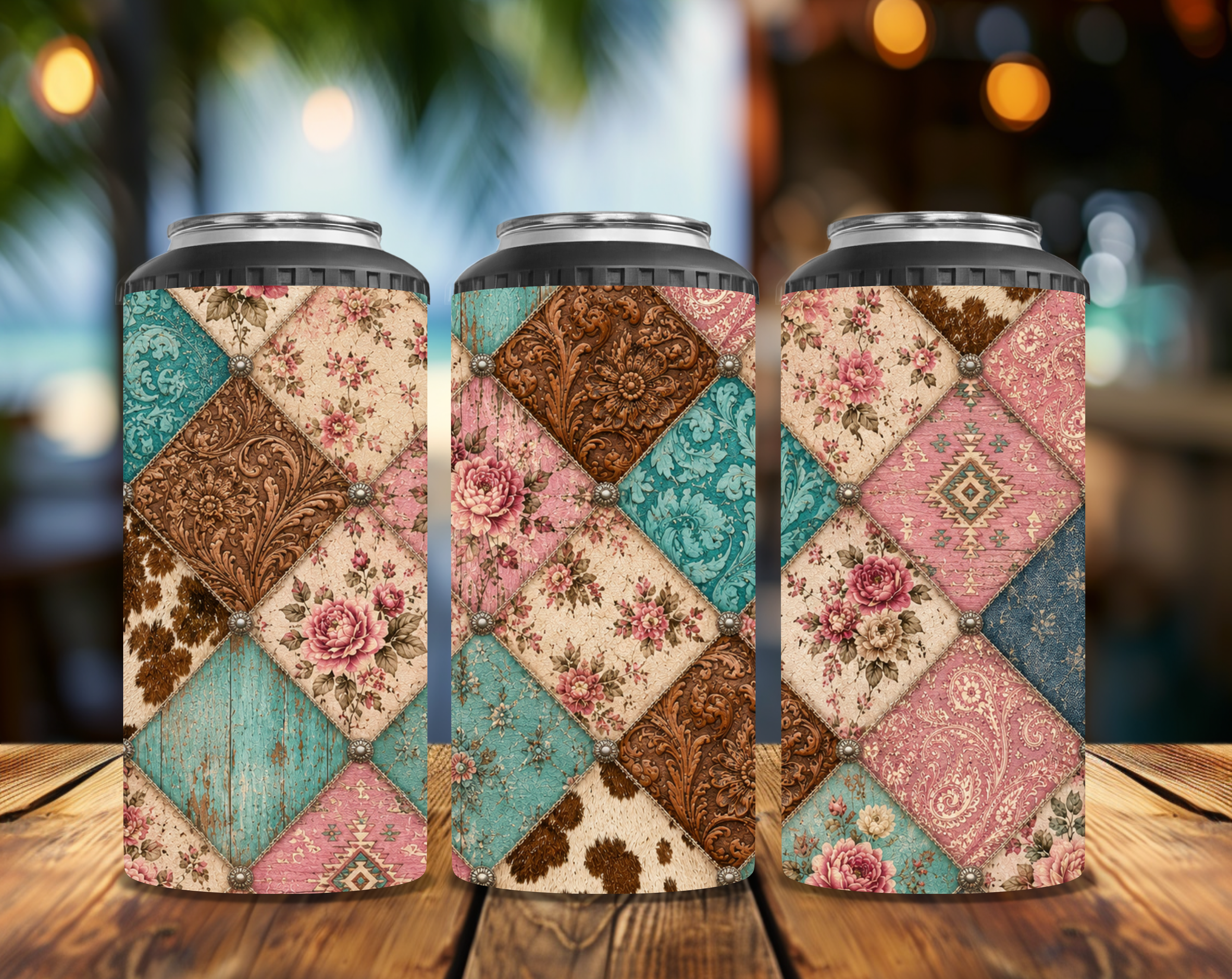 Pink Western Patchwork 4-in-1 Can Cooler | Cowgirl Drink Holder | Floral & Cowhide Can Cooler | Converts to 14 oz Tumbler | Country Gift for Her