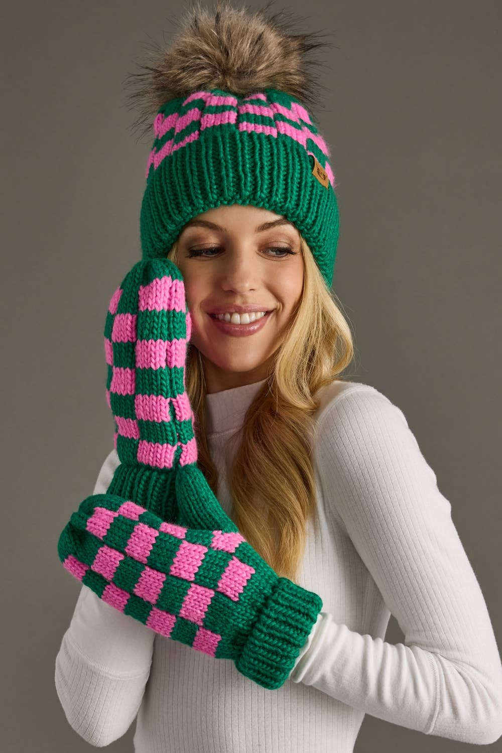Panache Apparel Co. - Green & Pink Checkered Pom Hat