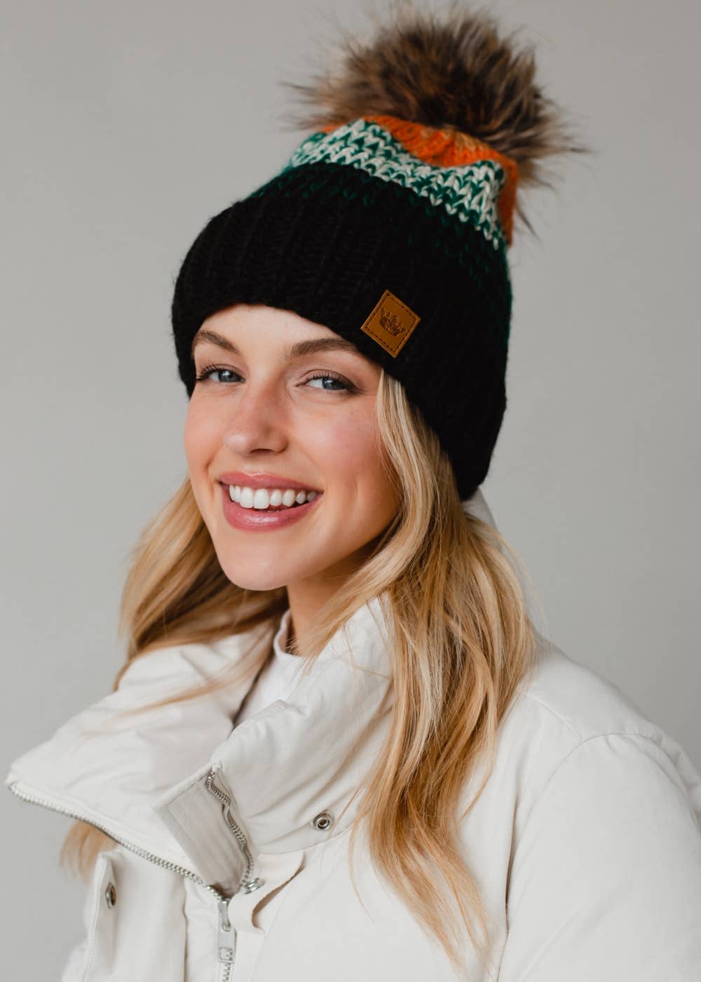 Panache Apparel Co. - Black, Green & Orange Patterned Pom Hat