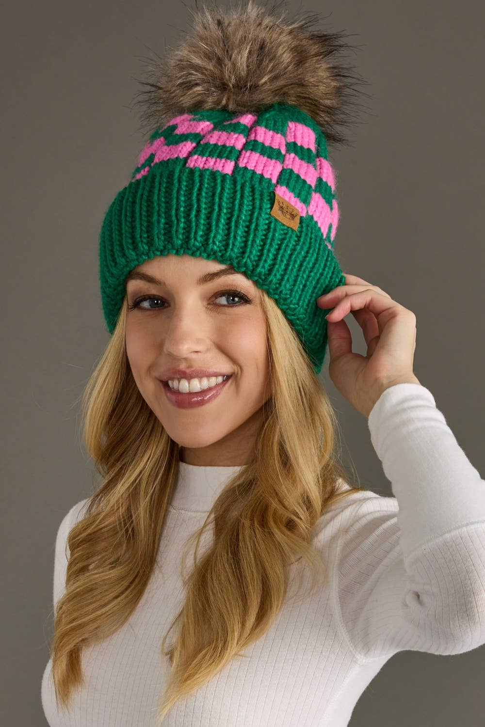 Panache Apparel Co. - Green & Pink Checkered Pom Hat