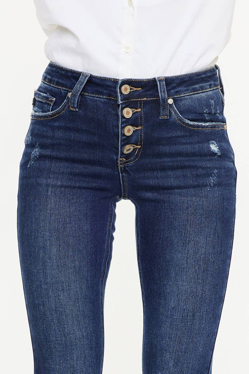 Women's KanCan Mid Rise Button Up Distress Flare Jeans