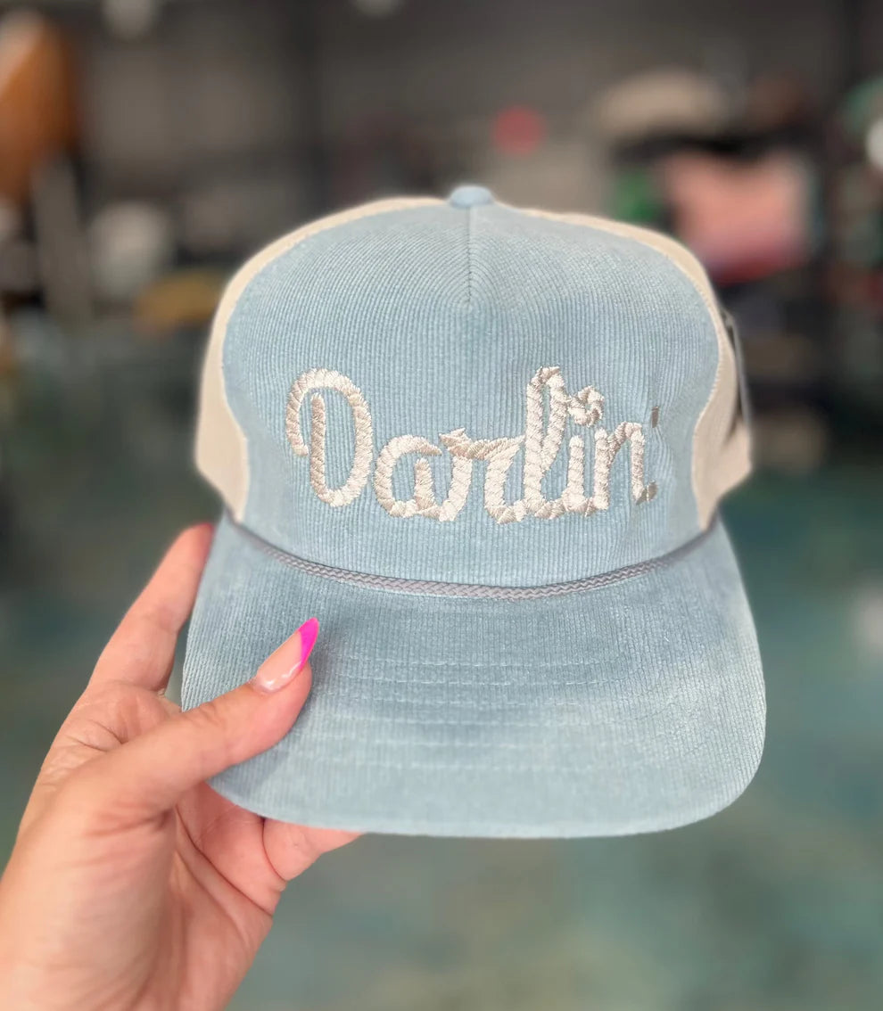 DARLIN’ Light blue & Tan corduroy embroidered cap