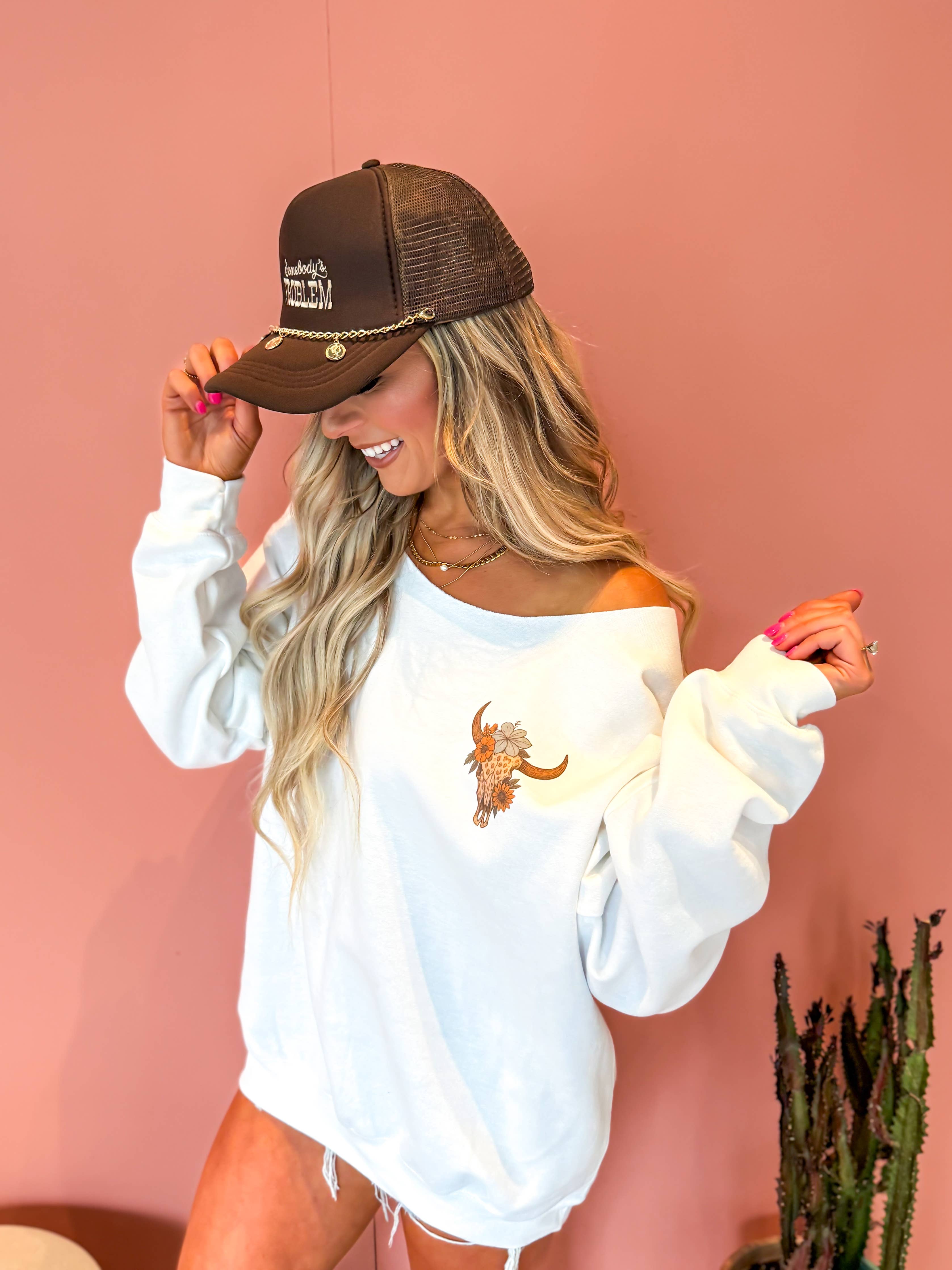 "If I'm The Problem" Off Shoulder White Graphic Crewneck