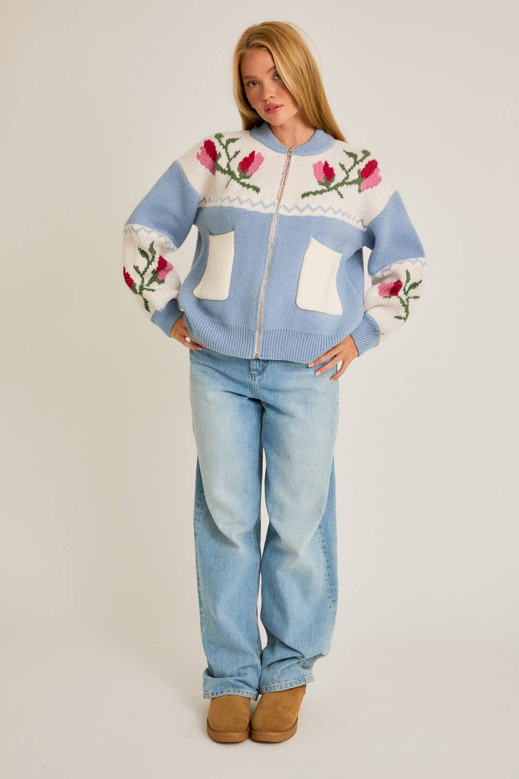 Long Sleeve Floral Pattern Detail Sweater Jacket