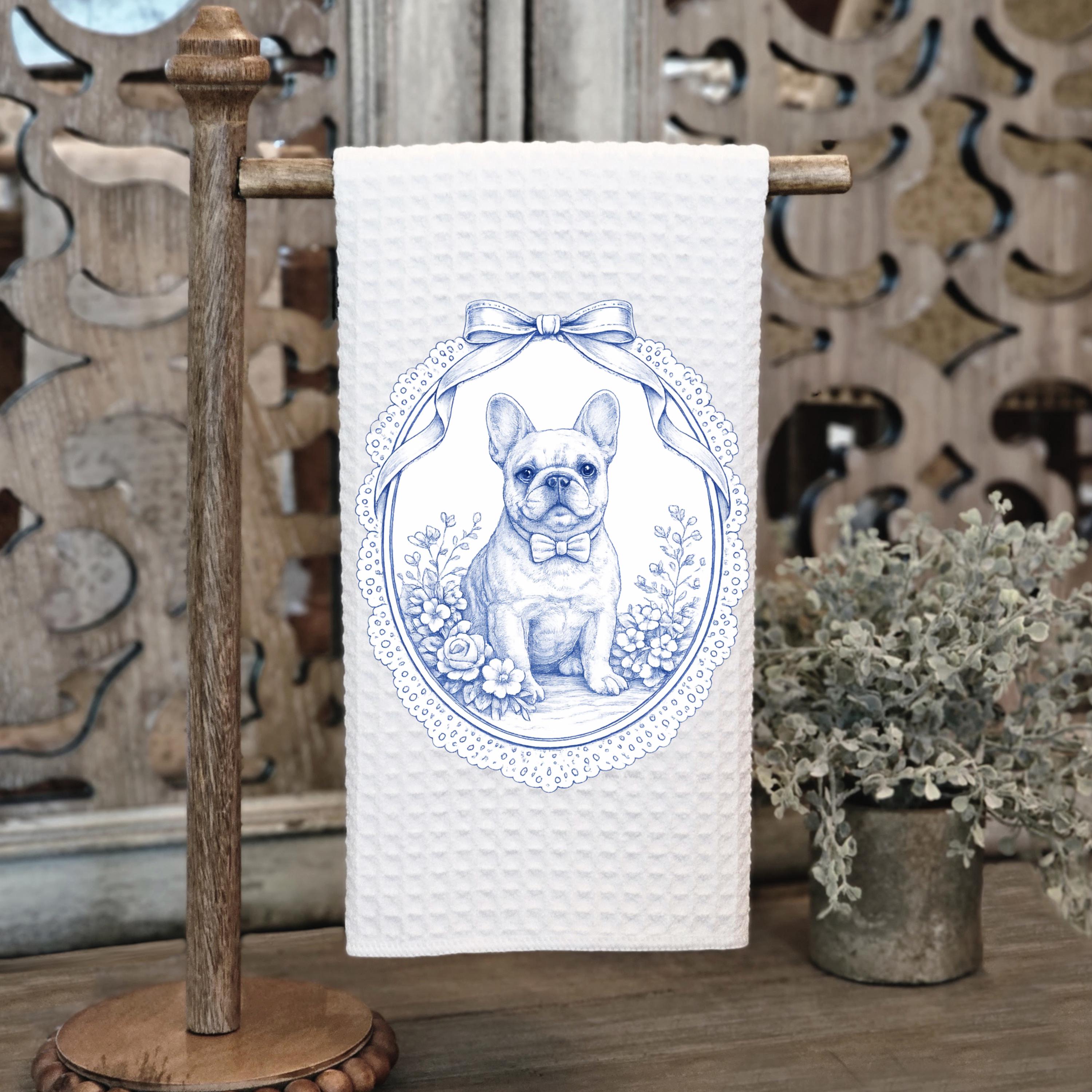Vintage French Bulldog Blue Toile Tea Towel