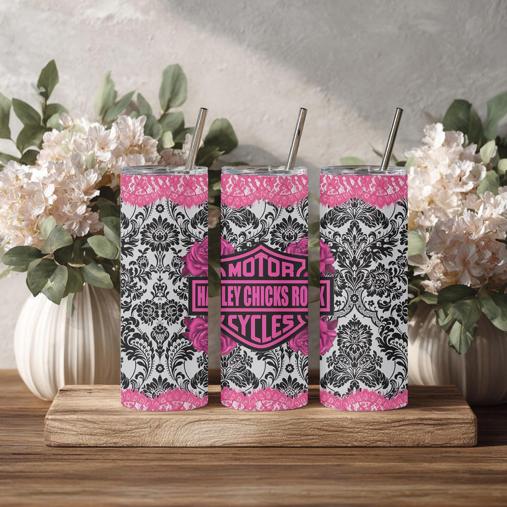 Harley Chicks Ride Motorcycles Tumbler | Pink Biker Girl Tumbler | Motorcycle Lover Gift | Women's Riding Cup