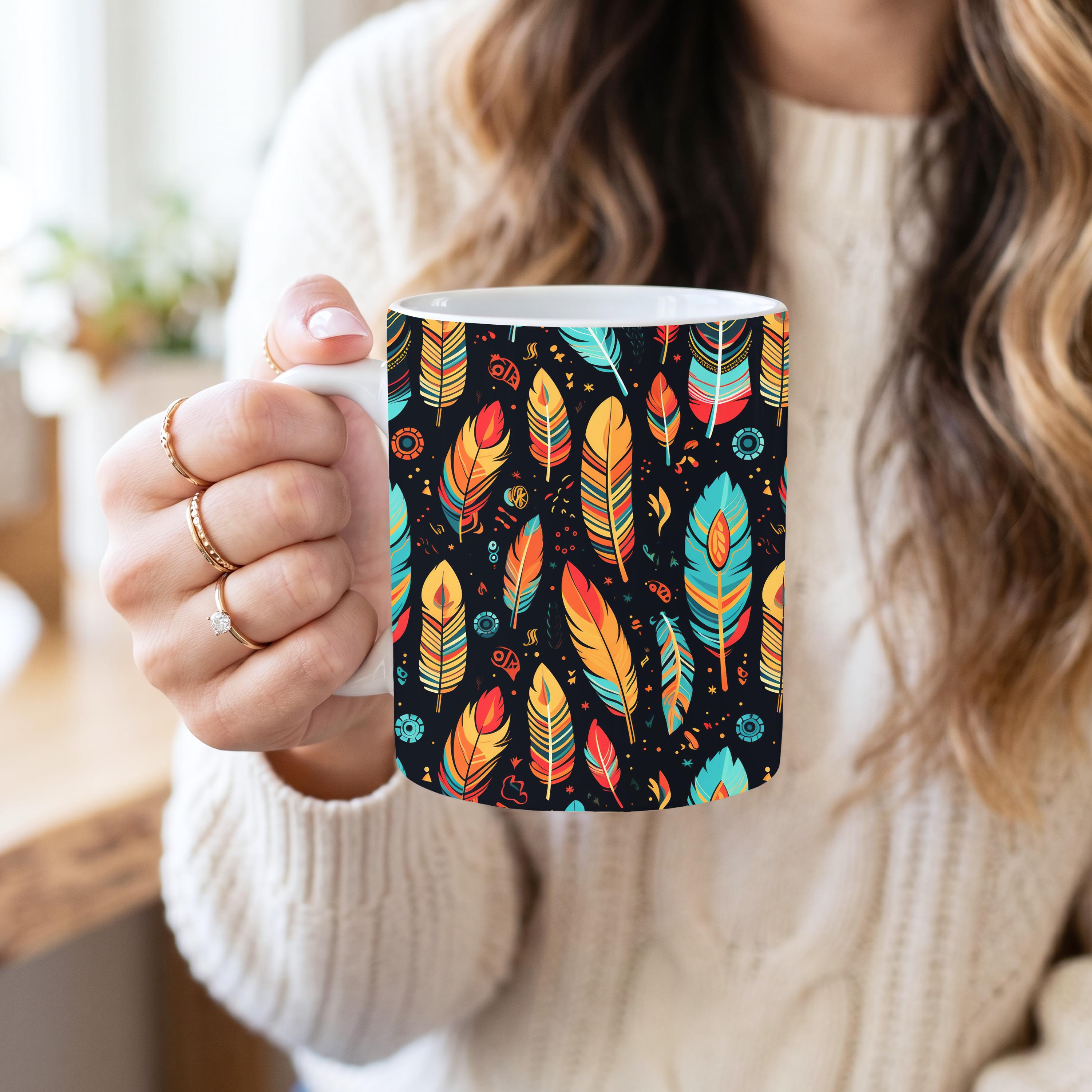 Colorful Feather Mug | Boho Feather Coffee Mug | Southwestern Inspired Ceramic Mug | 11 oz Mug