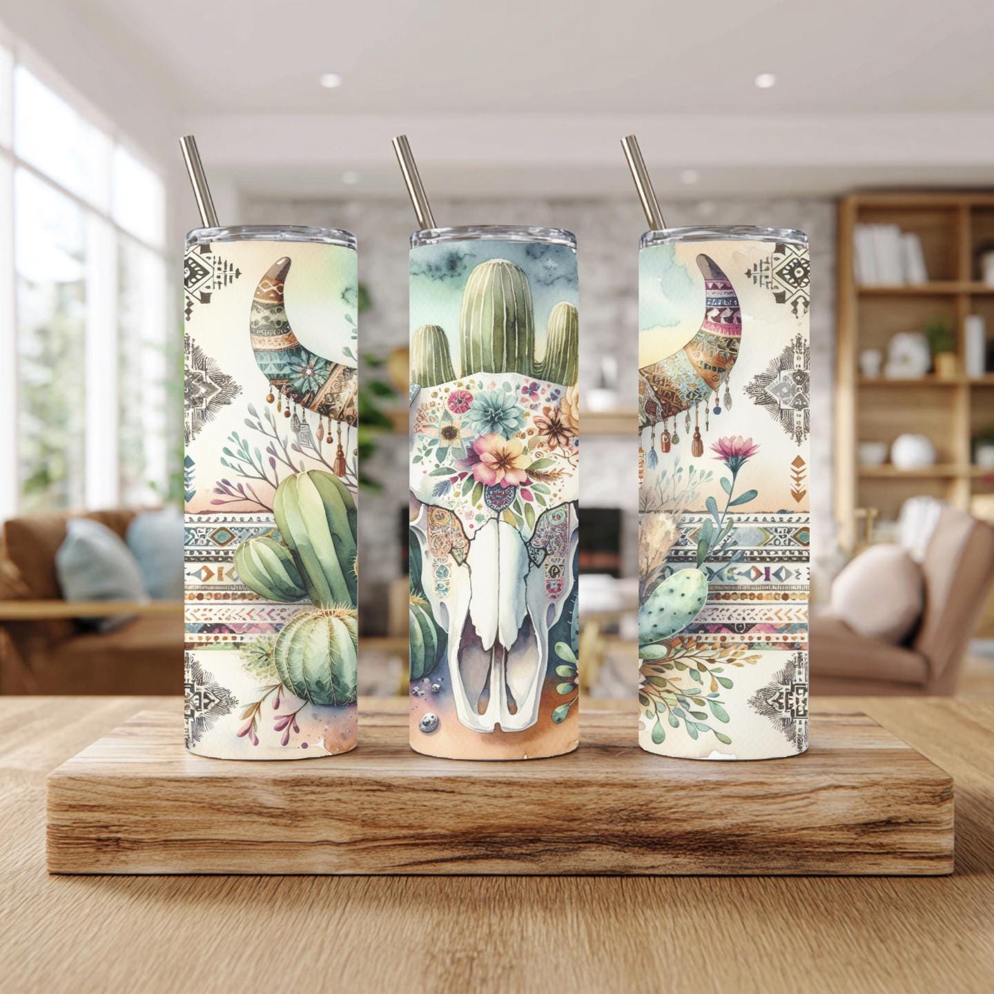 Boho Desert Skull Tumbler – 20 oz Southwestern Skinny Tumbler