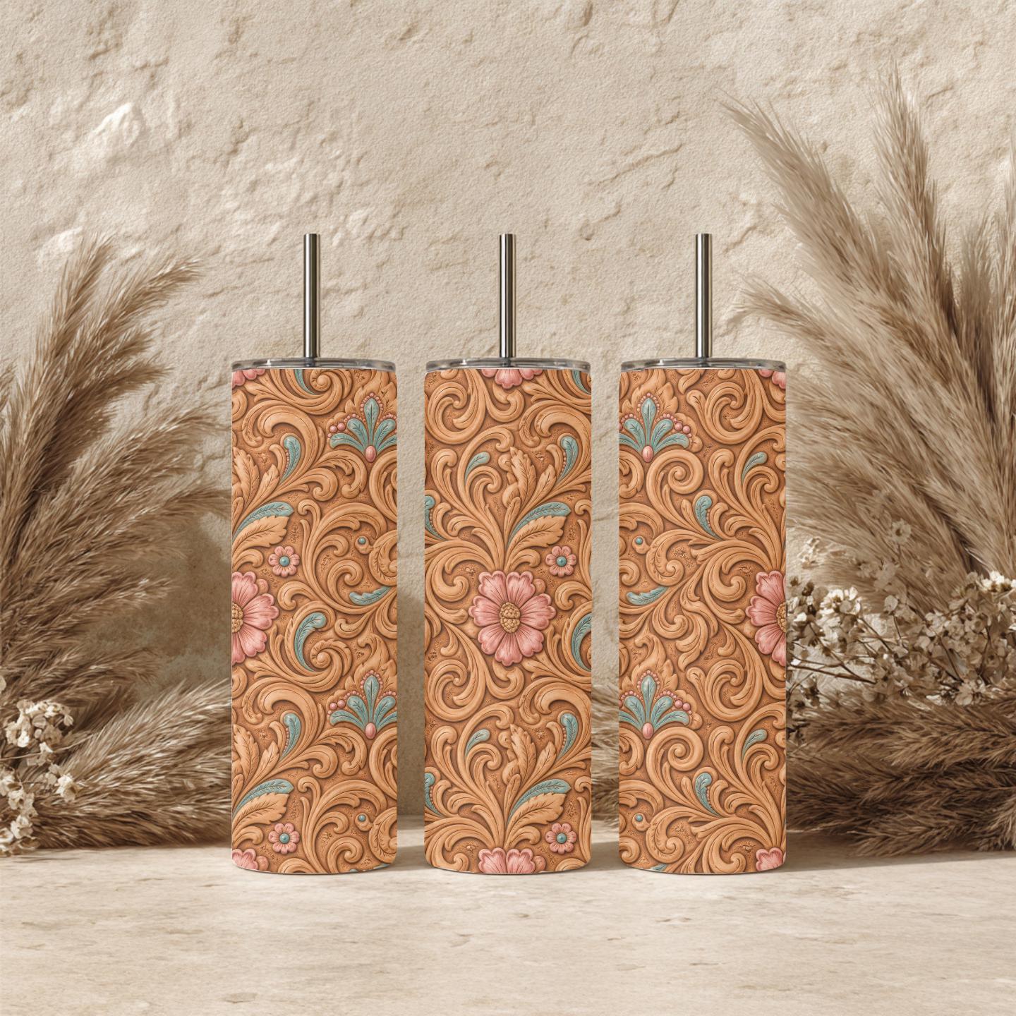 Tooled Leather Floral 20 oz Skinny Tumbler