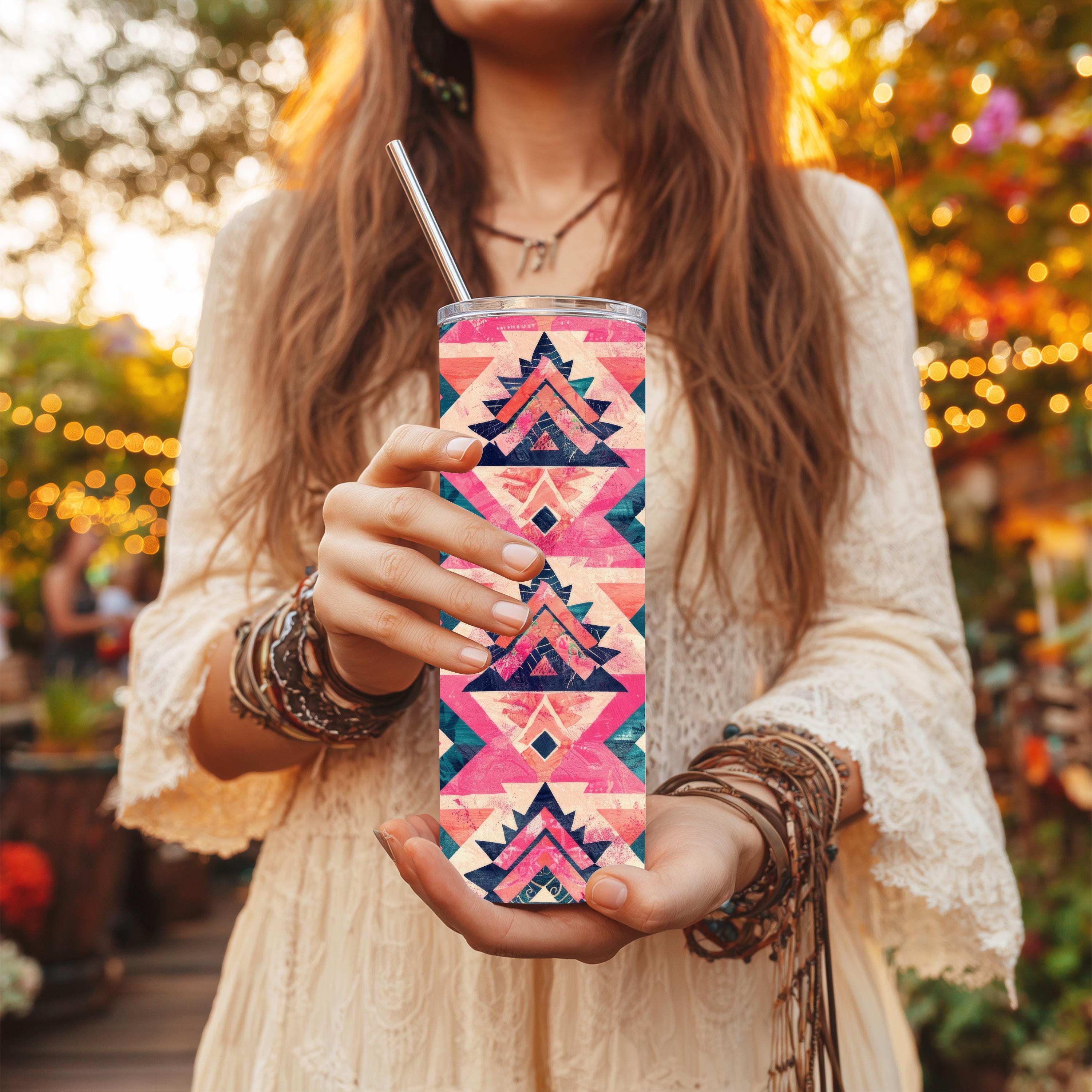 Pink & Teal Southwestern Aztec 20 oz Skinny Tumbler