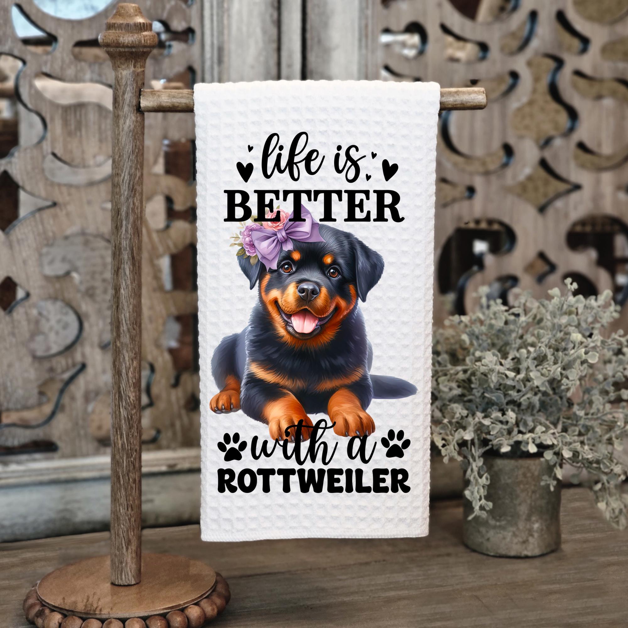 Life Is Better with a Rottweiler Waffle Tea Towel – Rottweiler Lover Kitchen Towel