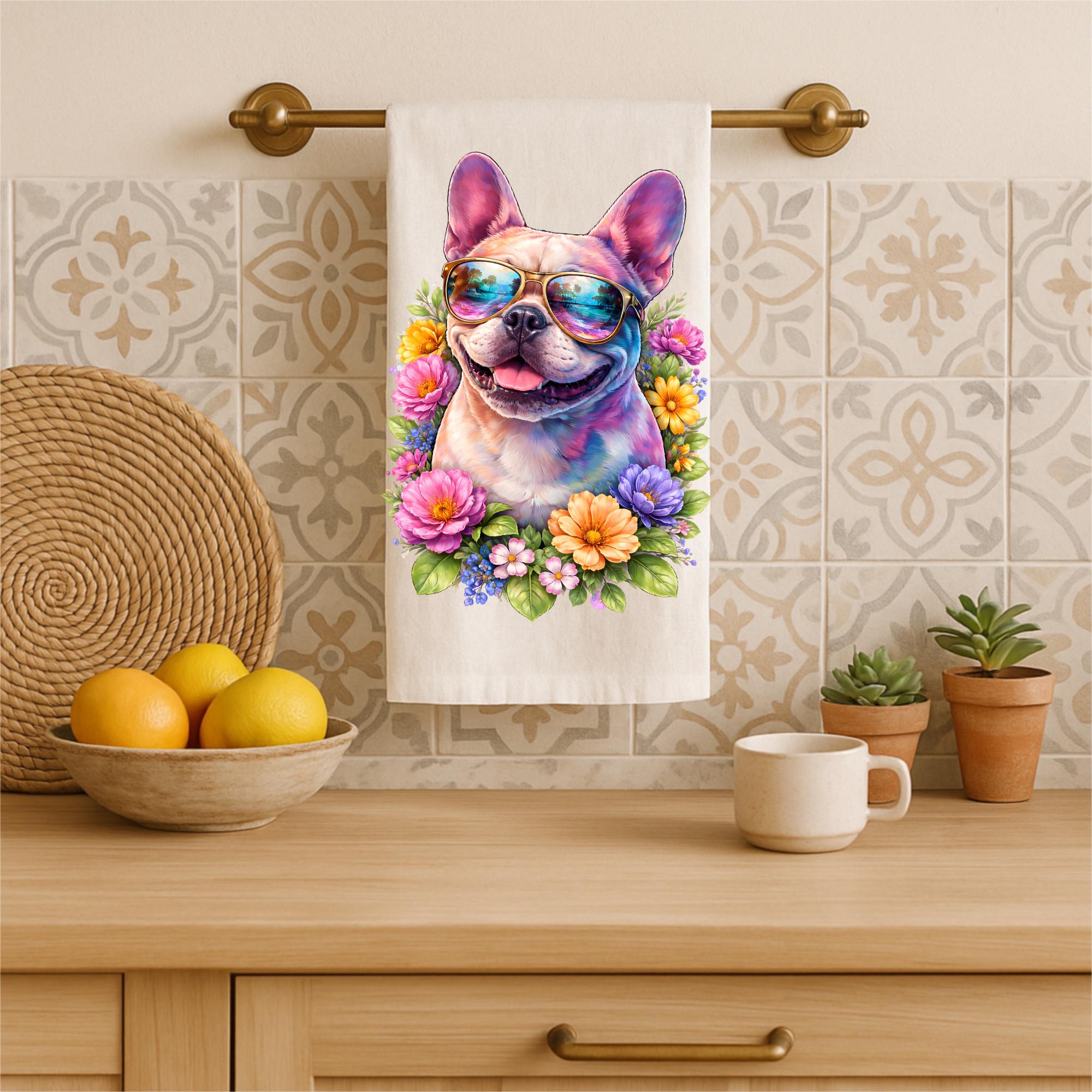 French Bulldog Floral Tea Towel – Colorful Dog Lover Kitchen Towel