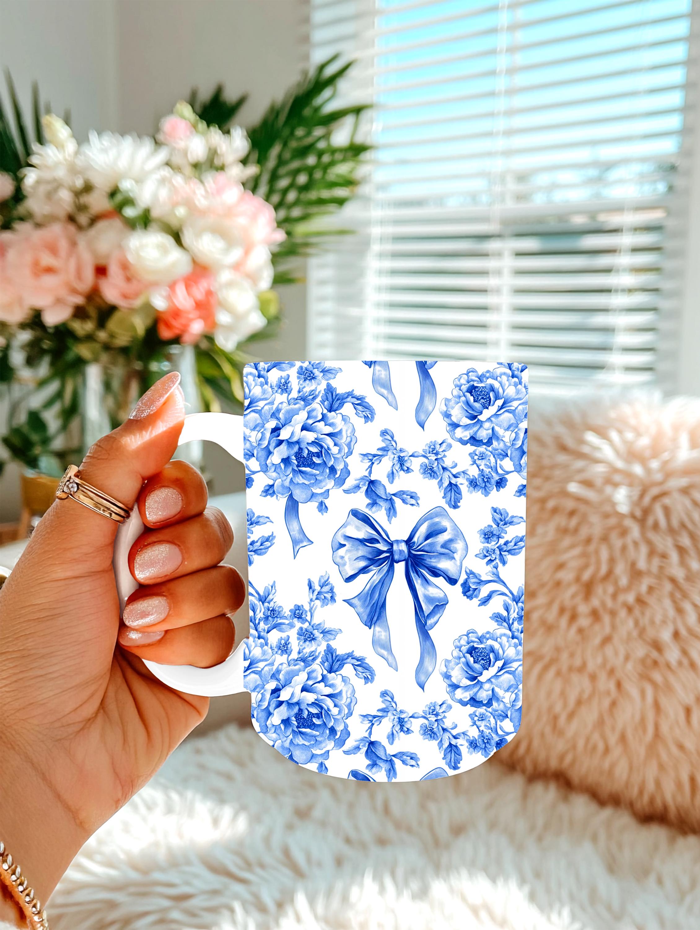 Blue Floral Bow Coffee Mug Coquette Style Mug Blue Toile Mug Cottagecore Coffee Cup