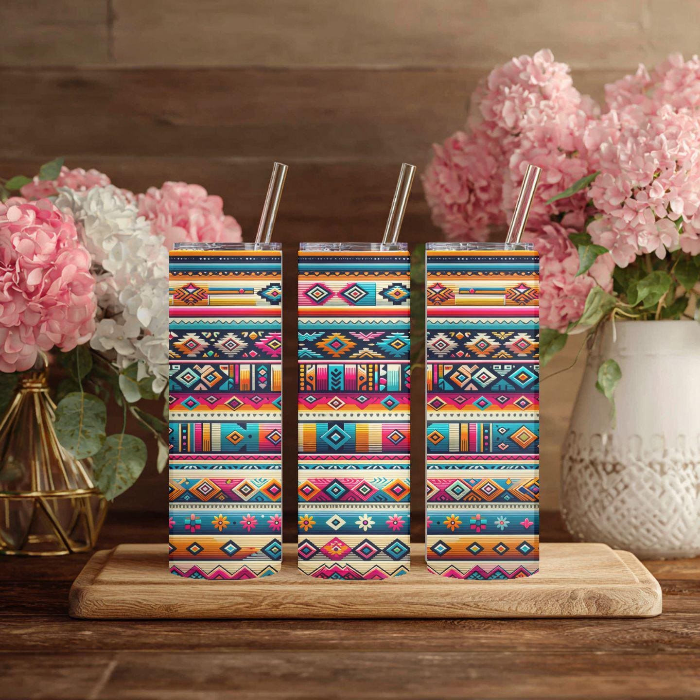 Southwestern Tribal Pattern Tumbler | Aztec Inspired 20 oz Skinny Tumbler | Boho Western Travel Mug | Colorful Geometric Cup